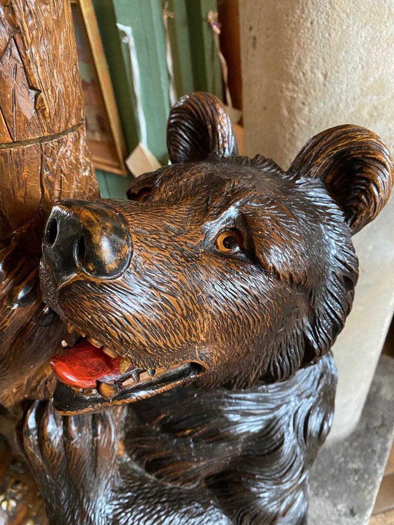 19th Carved Wood Black Forest Bears Tree Umbrella Cane Hat Stick Coat