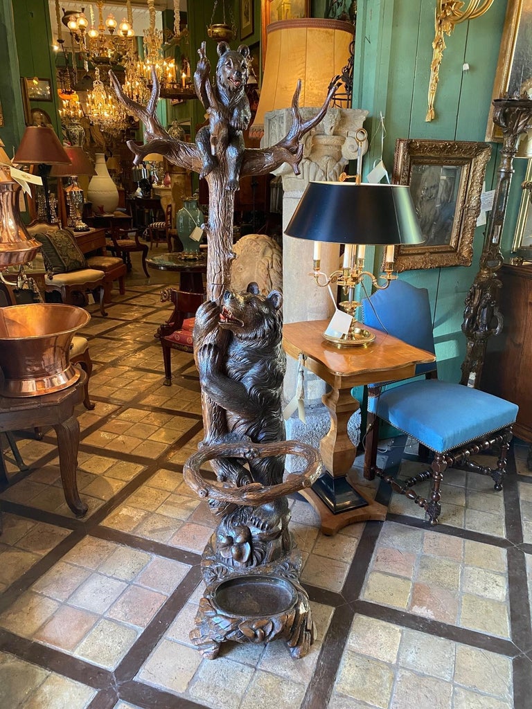 19th Carved Wood Black Forest Bears Tree Umbrella Cane Hat Stick Coat