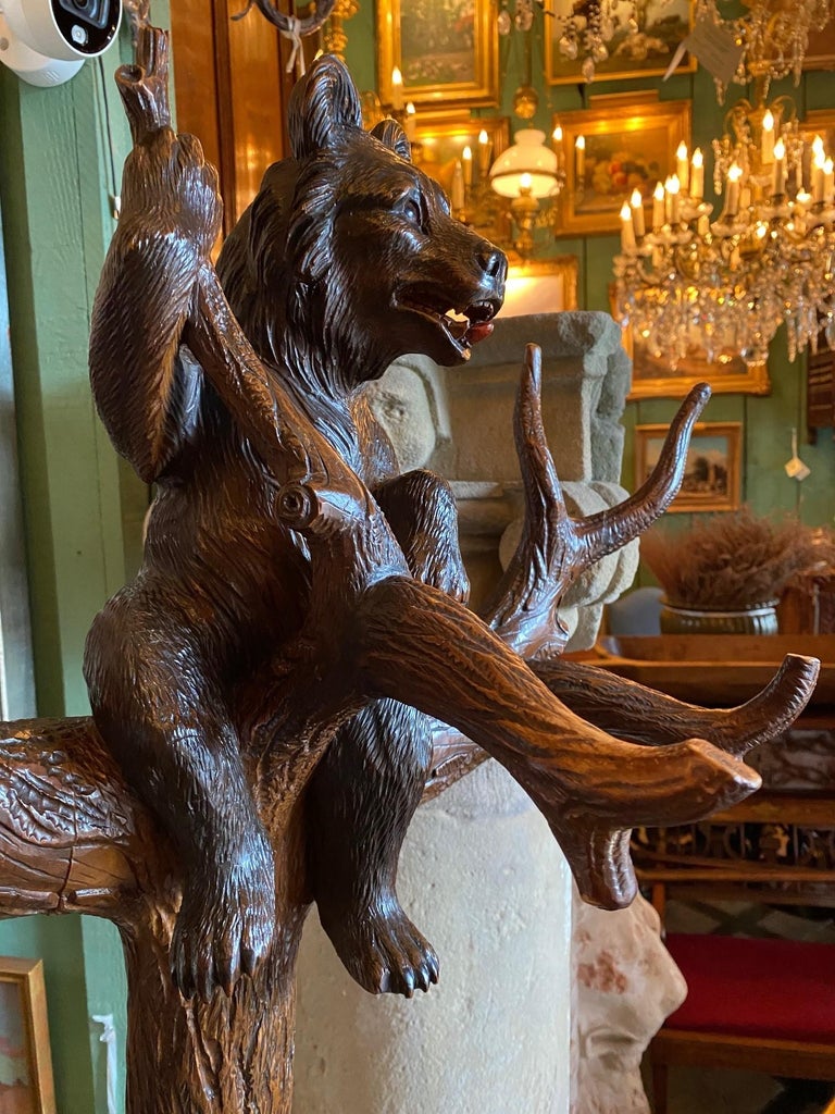 19th Carved Wood Black Forest Bears Tree Umbrella Cane Hat Stick Coat