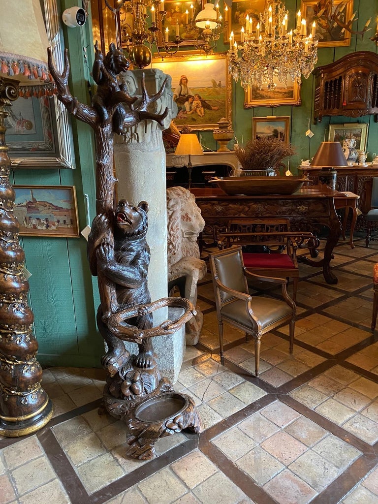 19th Carved Wood Black Forest Bears Tree Umbrella Cane Hat Stick Coat