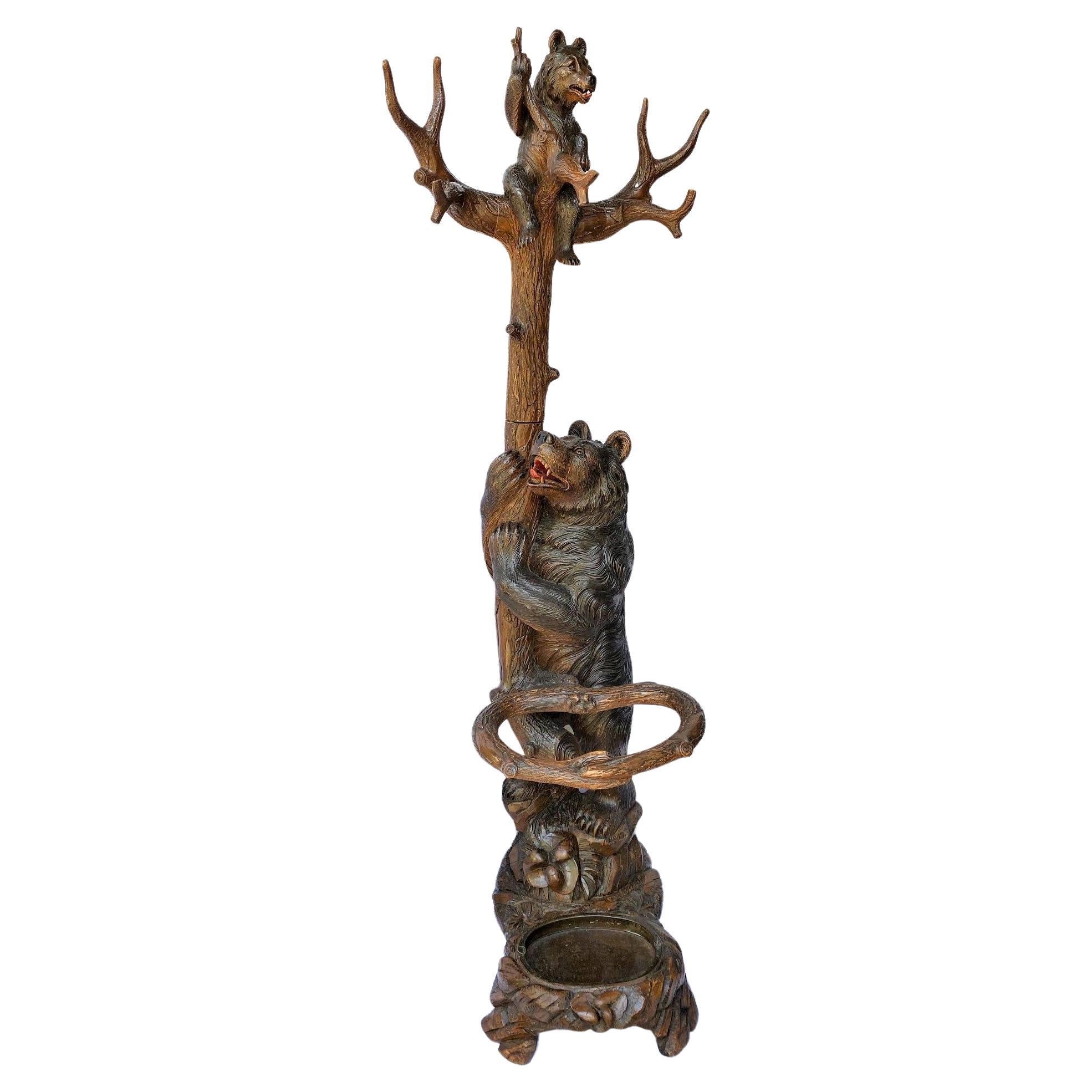 19th Carved Wood Black Forest Bears Tree Umbrella Cane Hat Stick Coat Stand Rack For Sale