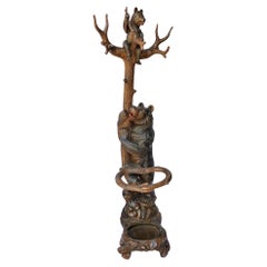 19th Carved Wood Black Forest Bears Tree Umbrella Cane Hat Stick Coat Stand Rack
