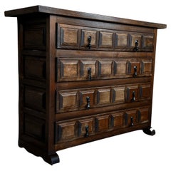 19th Catalan Spanish Baroque Carved Walnut Tuscan Four Drawers Chest of Drawers