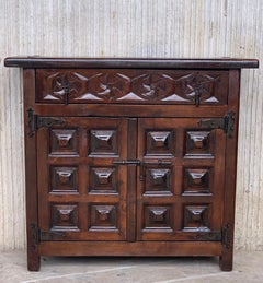 19th Catalan Spanish Baroque Carved Walnut Tuscan One Drawer Credenza or Buffet