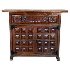 19th Catalan Spanish Baroque Carved Walnut Tuscan One Drawer Credenza or Buffet