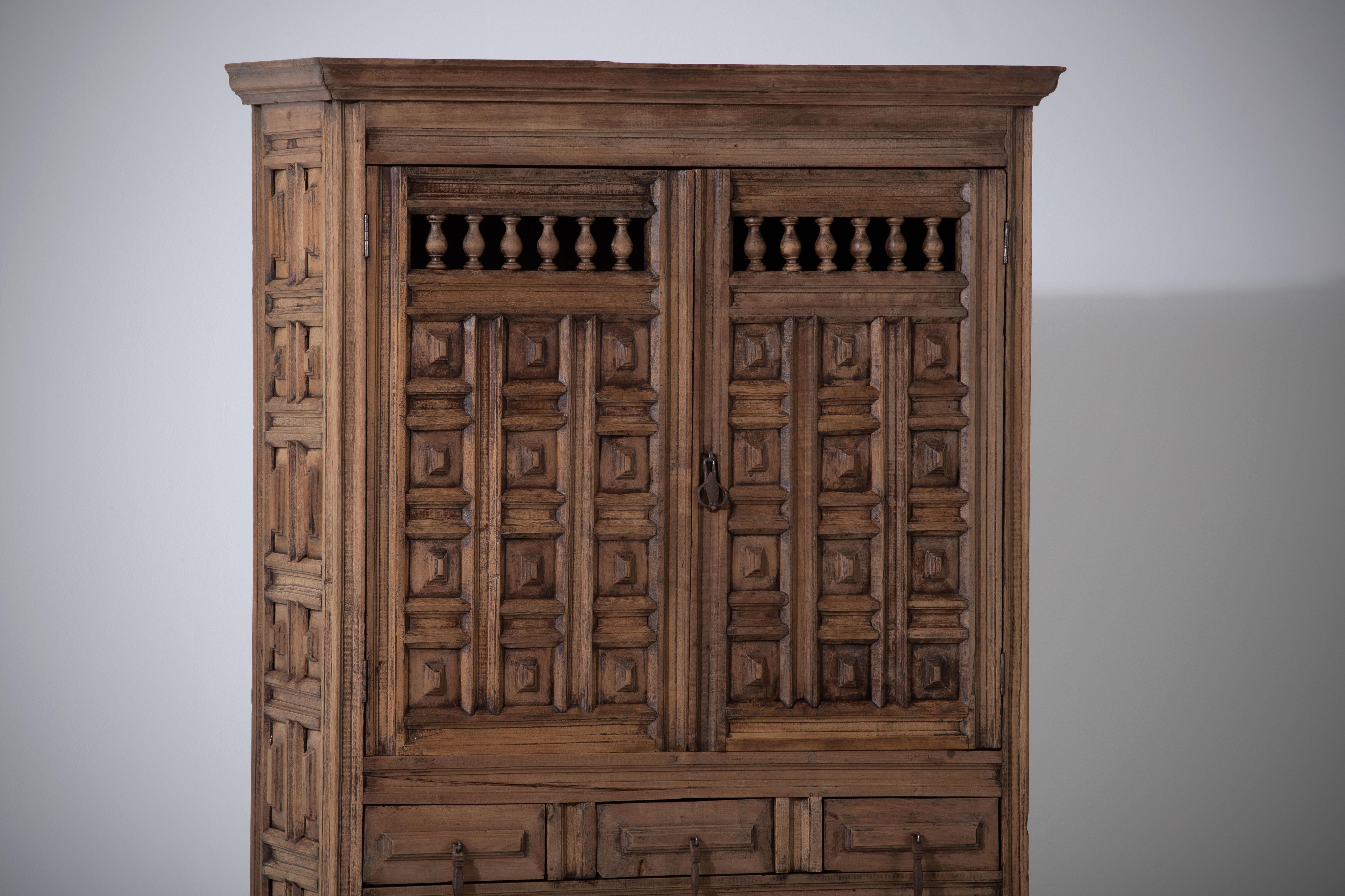 19th Catalan Spanish Baroque Carved Walnut Tuscan Two Doors Wardrobe or Cabinet 5