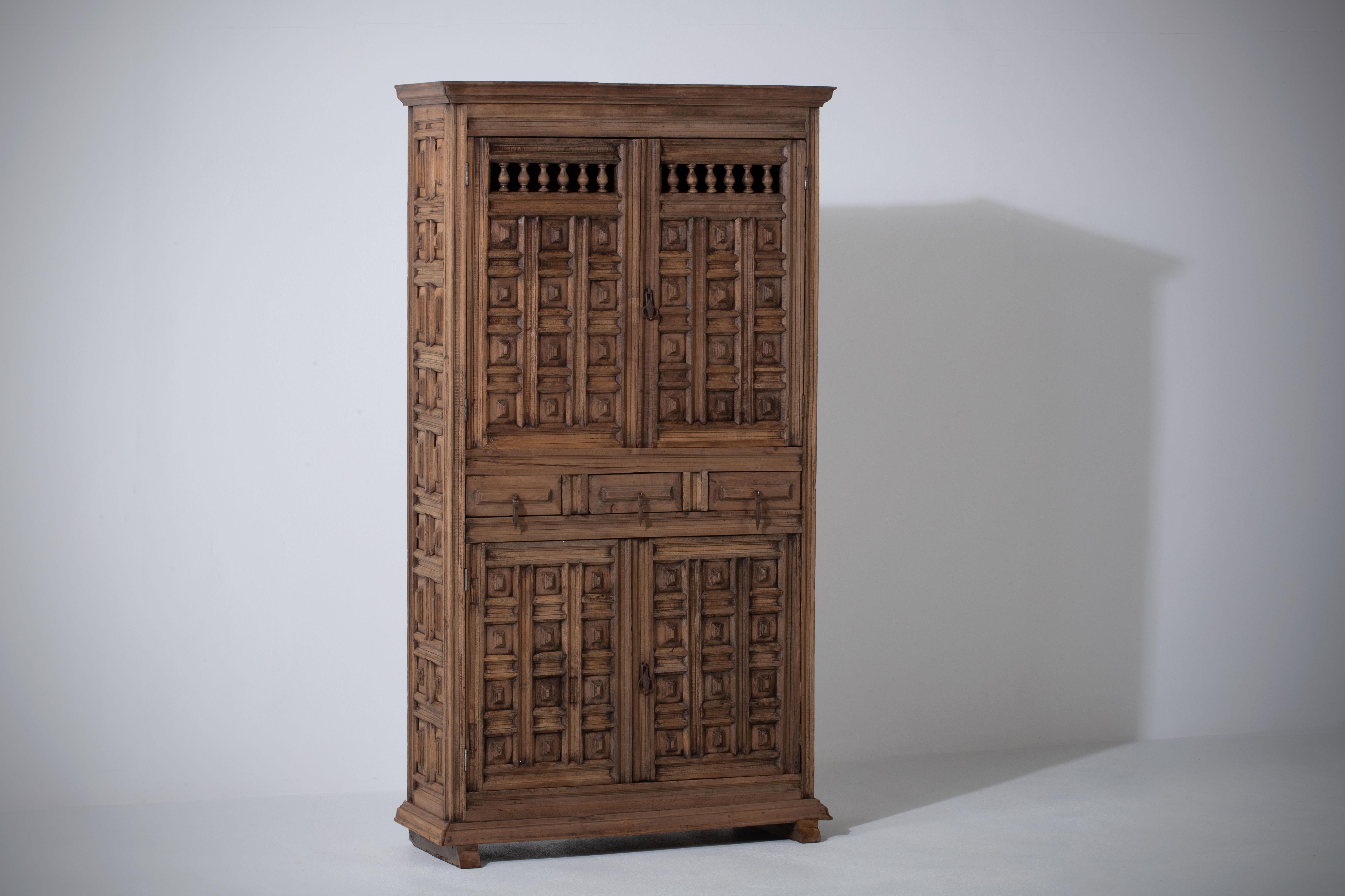 19th Catalan Spanish Baroque Carved Walnut Tuscan Two Doors Wardrobe or Cabinet 6