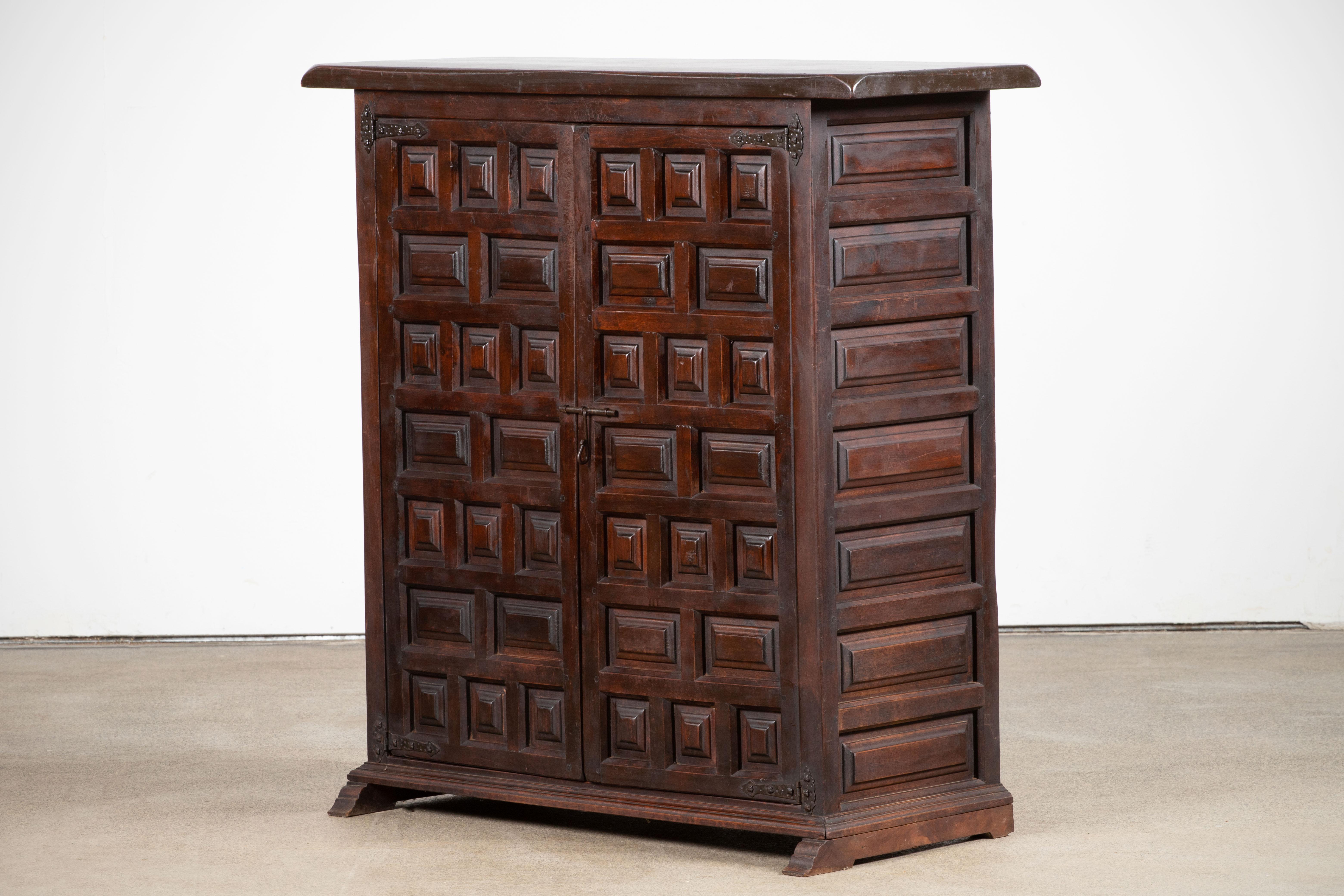 19th Century 19th Catalan Spanish Baroque Carved Walnut Tuscan Two Doors Wardrobe or Cabinet For Sale