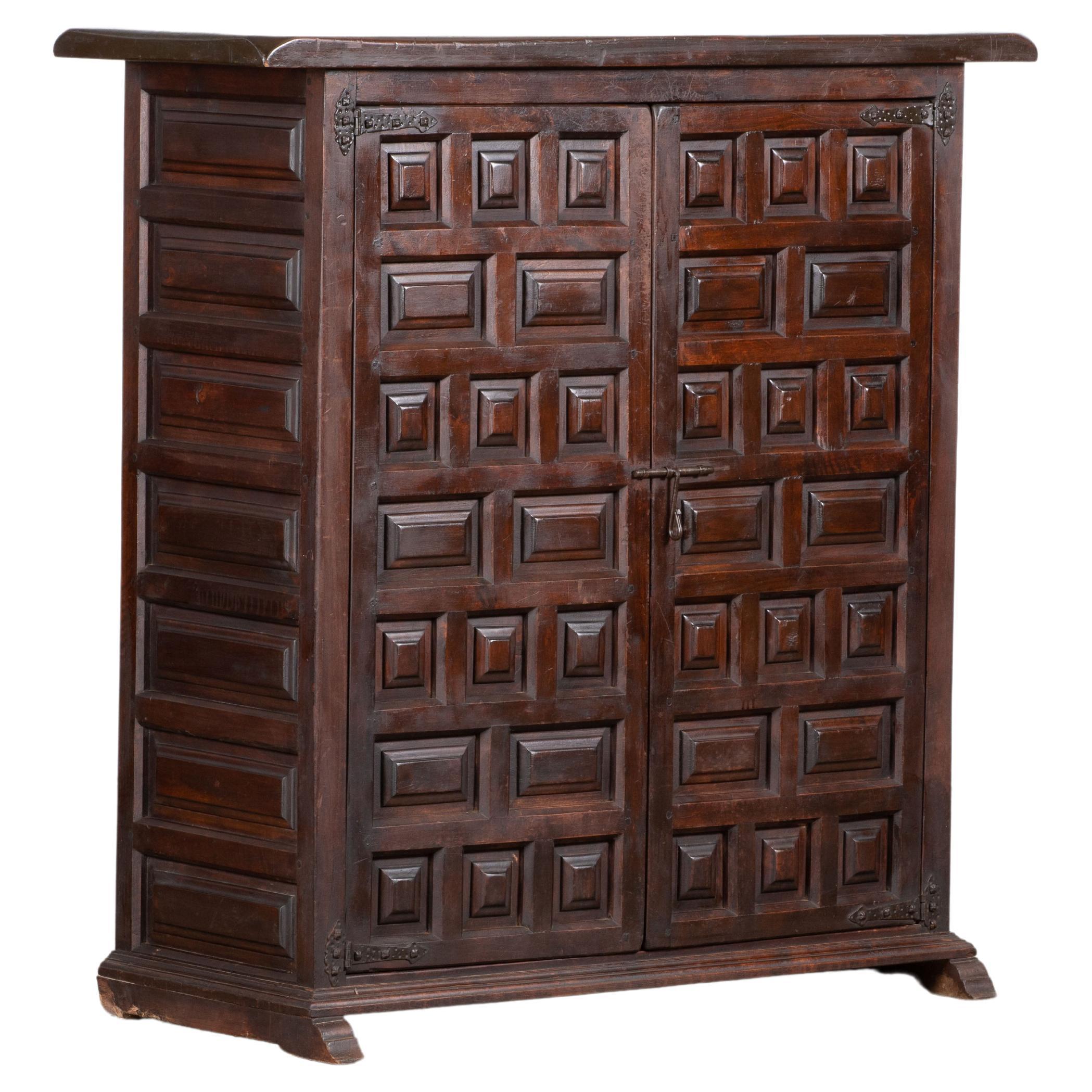 19th Catalan Spanish Baroque Carved Walnut Tuscan Two Doors Wardrobe or Cabinet For Sale