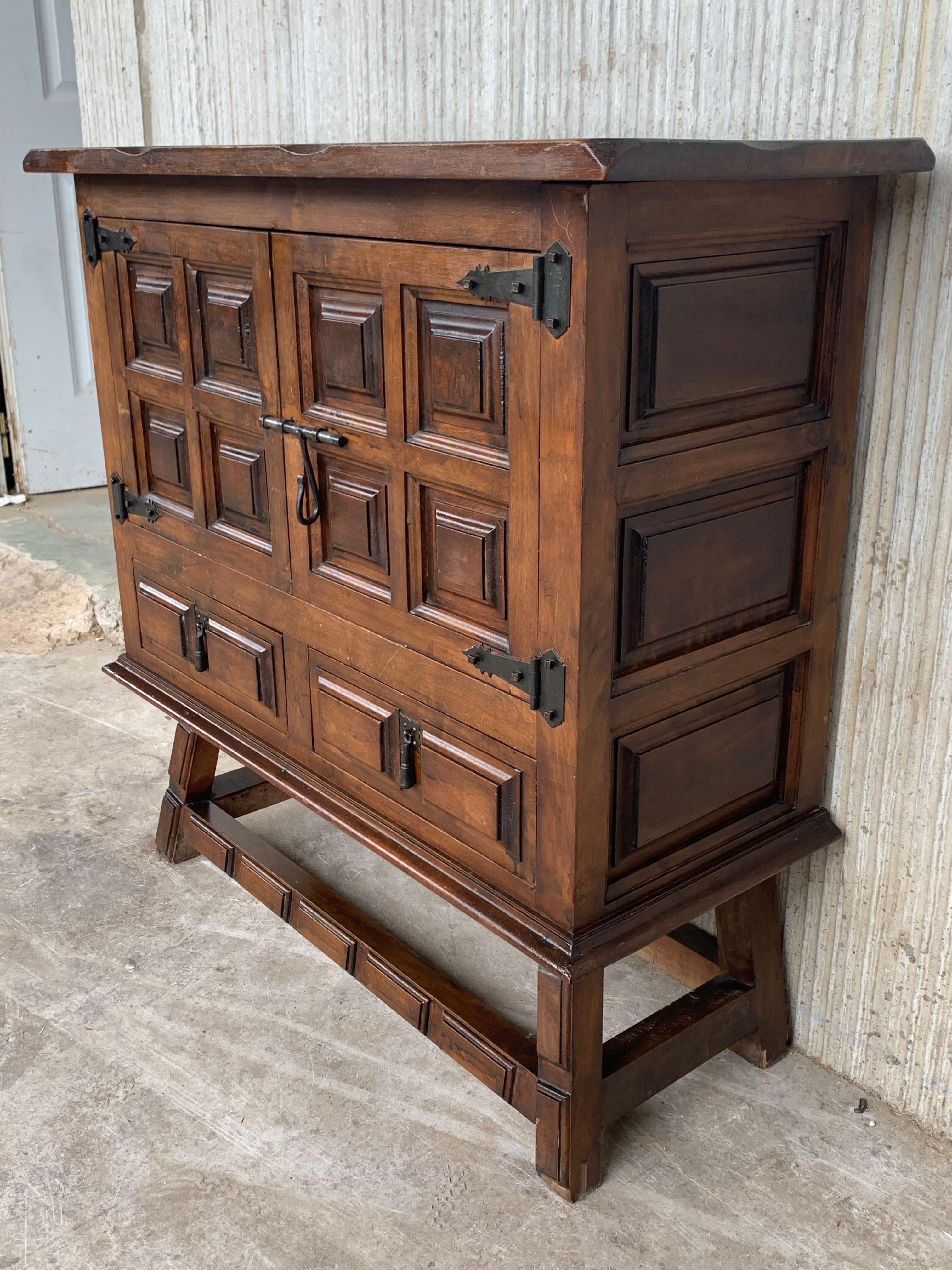 Iron 19th Catalan Spanish Baroque Carved Walnut Tuscan Two Drawers Chest of Drawers