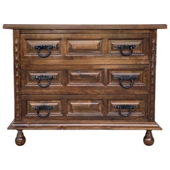 19th Catalan Spanish Baroque Carved Walnut Tuscan Two Drawers Chest of Drawers