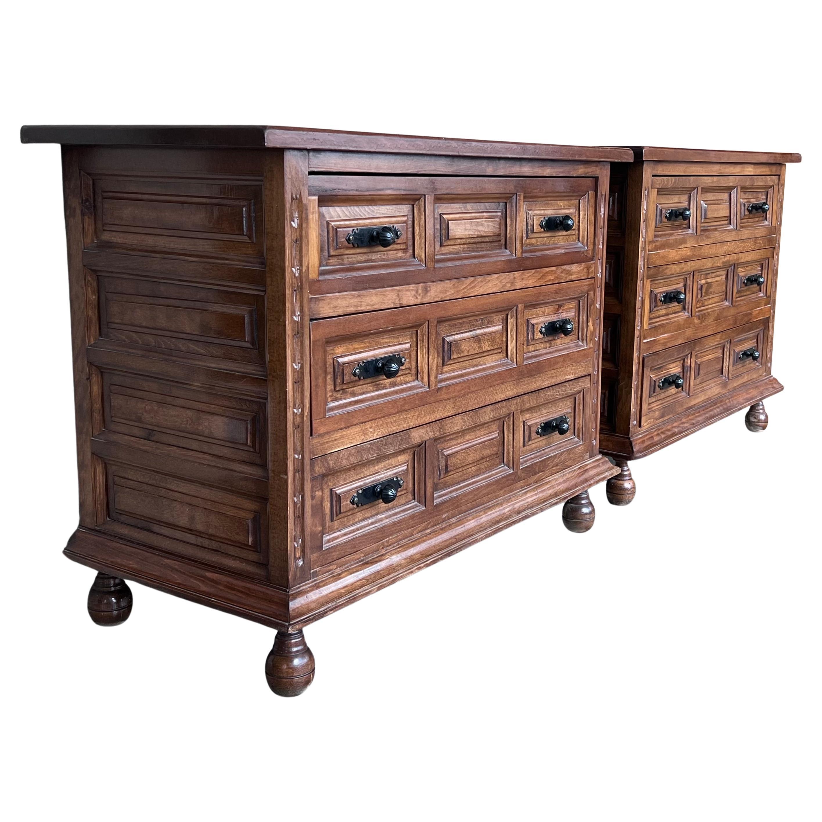 19th Catalan Spanish Baroque Carved Walnut Tuscan Two Drawers Chest of Drawers