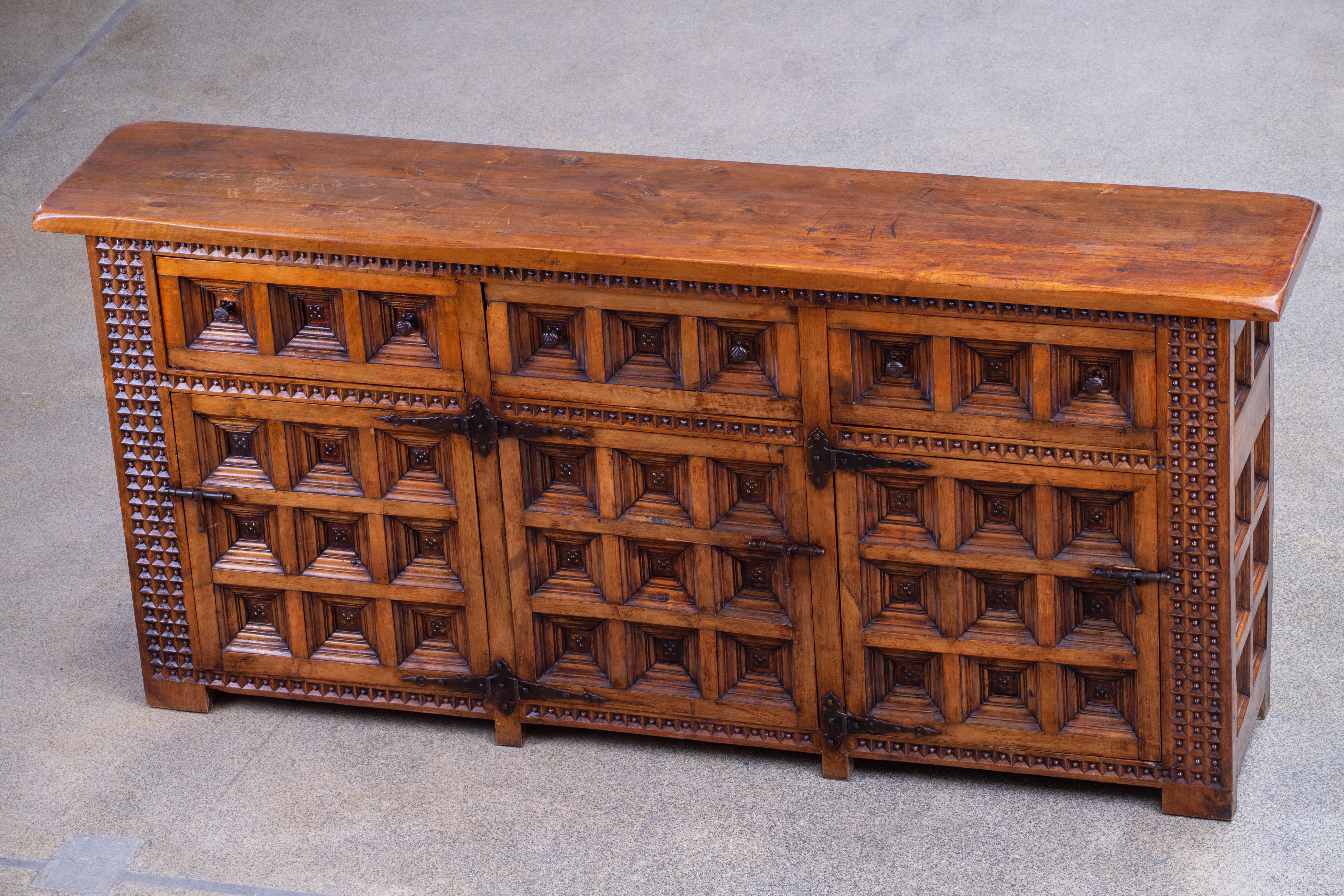 19th Catalan Spanish Baroque Carved Walnut Tuscan Two Drawers Credenza or Buffet 4