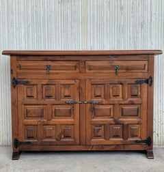 19th Catalan Spanish Baroque Carved Walnut Tuscan Two Drawers Credenza or Buffet