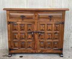 19th Catalan Spanish Baroque Carved Walnut Tuscan Two Drawers Credenza or Buffet