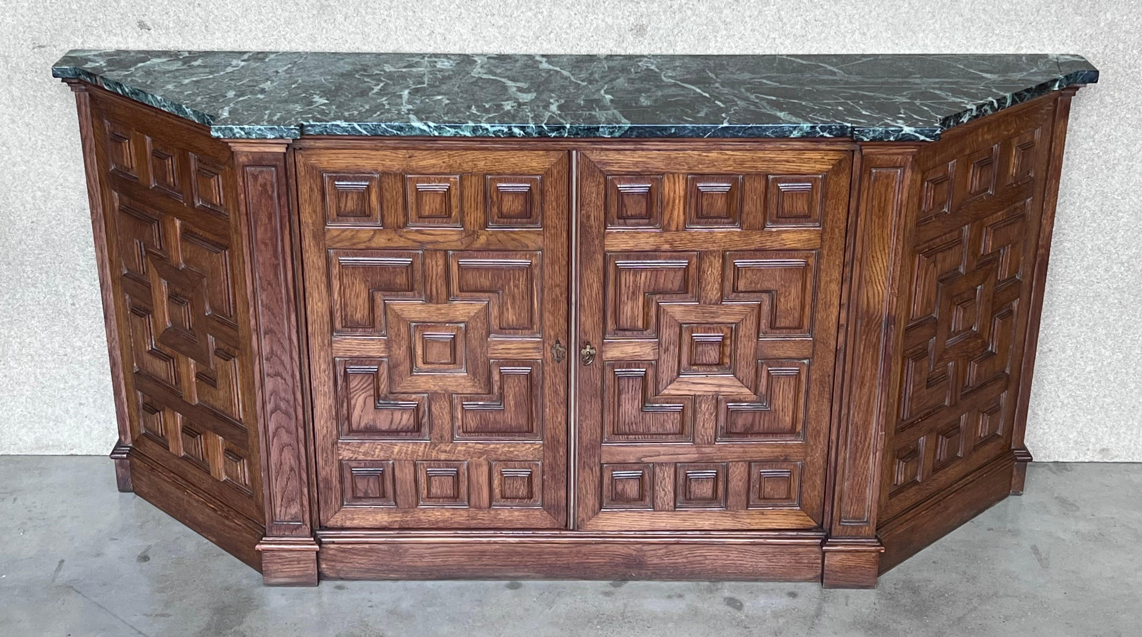 19th Catalan Spanish Baroque Carved Walnut Tuscan Two Doors Cabinet with Marble  In Good Condition For Sale In Miami, FL