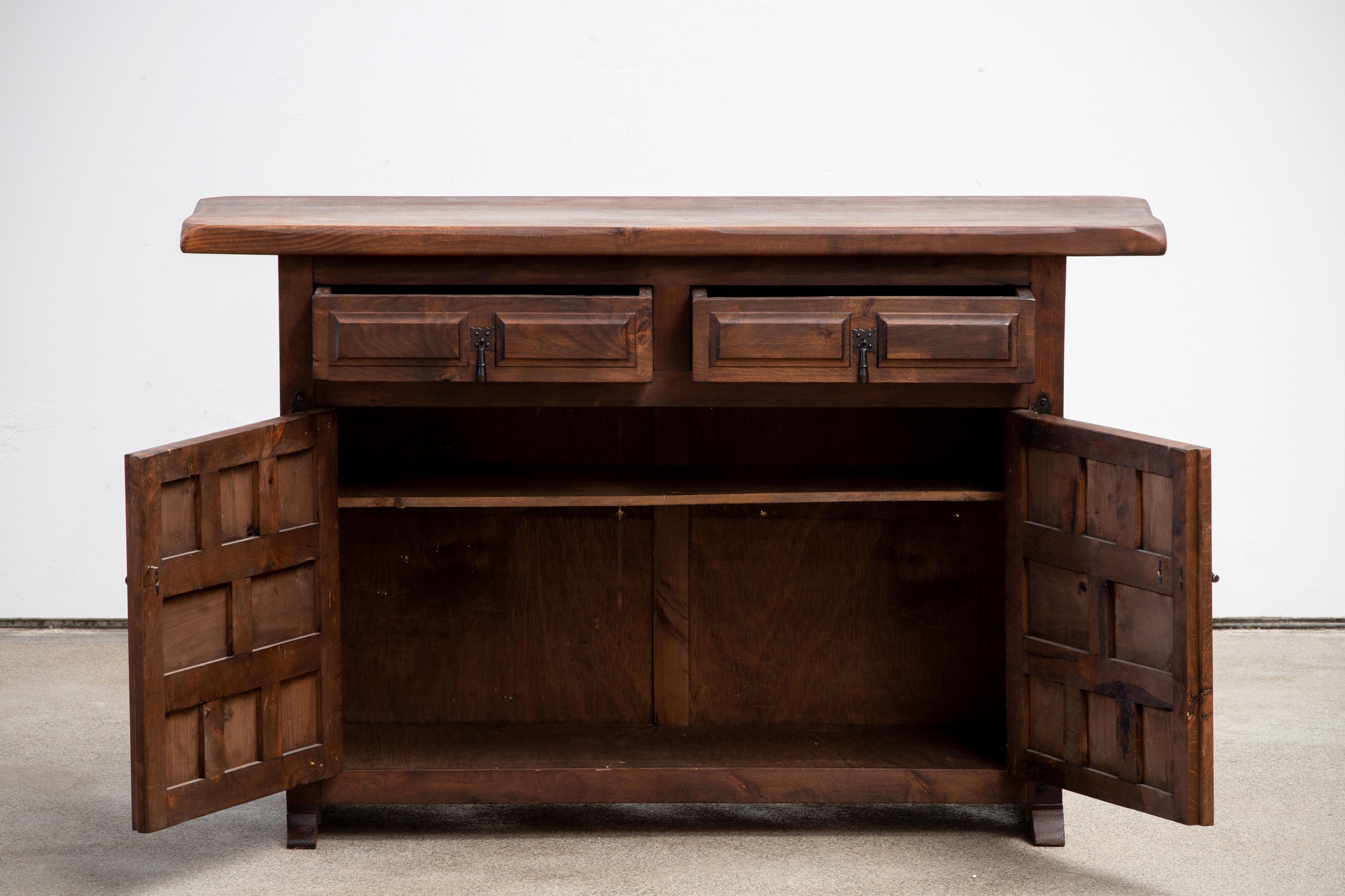 Hand-Carved 19th Catalan Spanish Baroque Carved Walnut Tuscan Two Drawers Credenza or Buffet