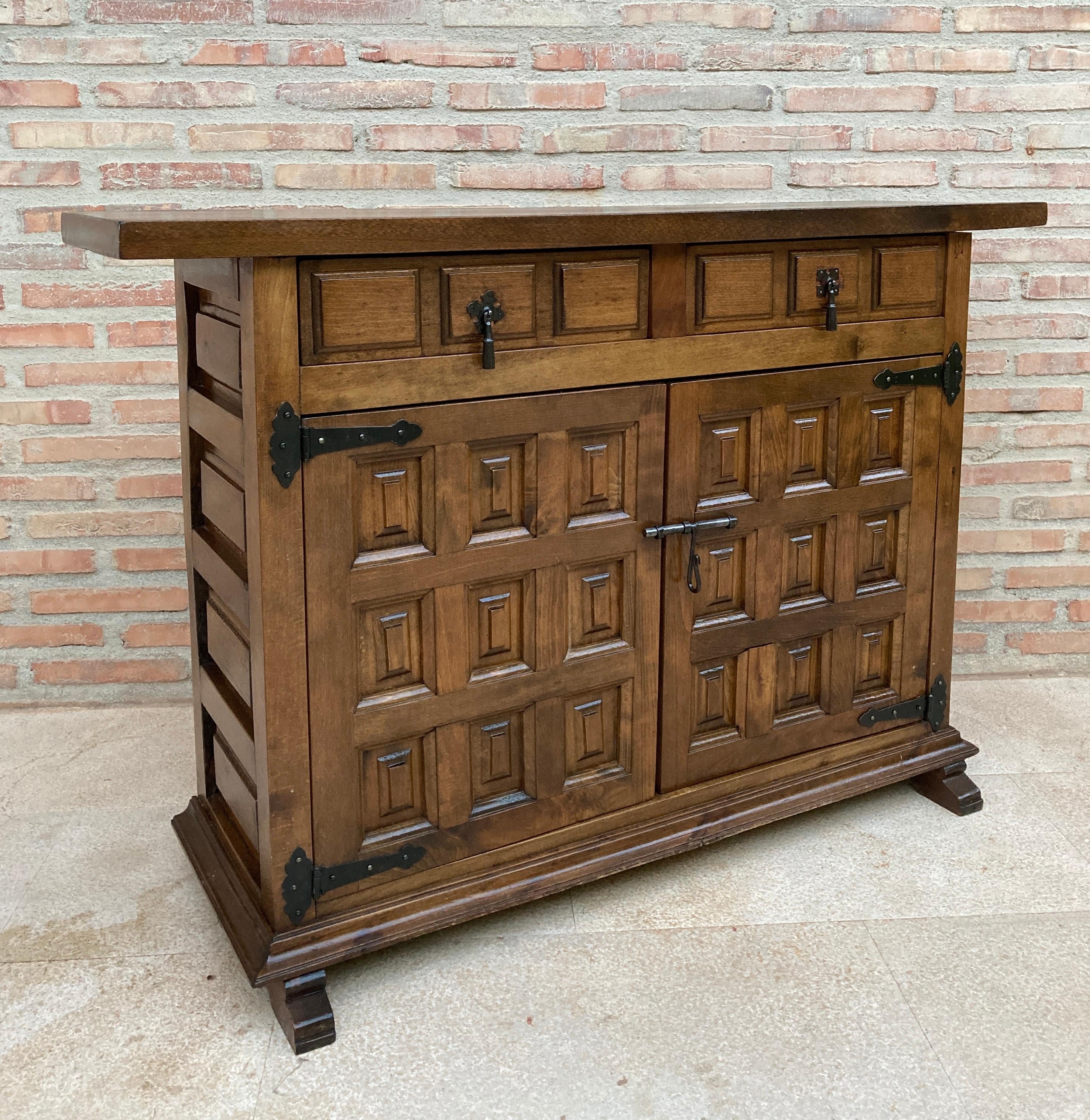 19th Century 19th Catalan Spanish Baroque Carved Walnut Tuscan Two Drawers Credenza or Buffet