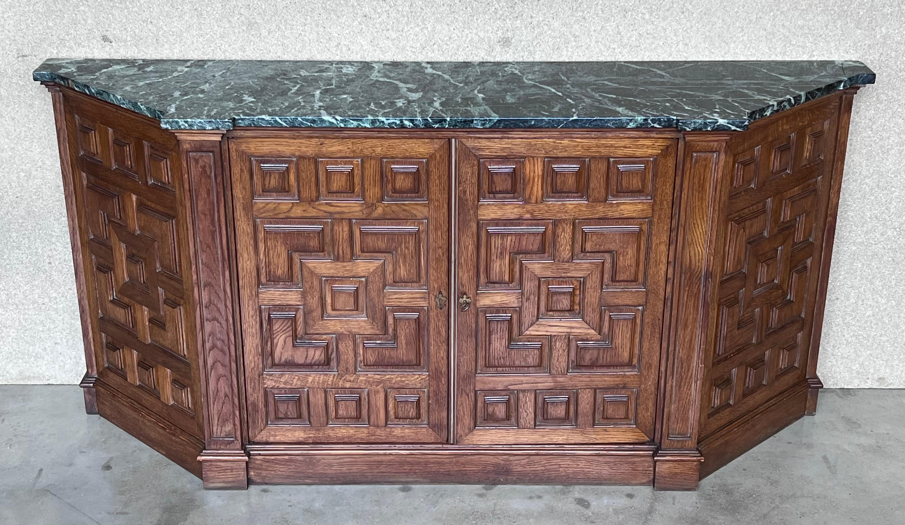 19th Century 19th Catalan Spanish Baroque Carved Walnut Tuscan Two Doors Cabinet with Marble  For Sale