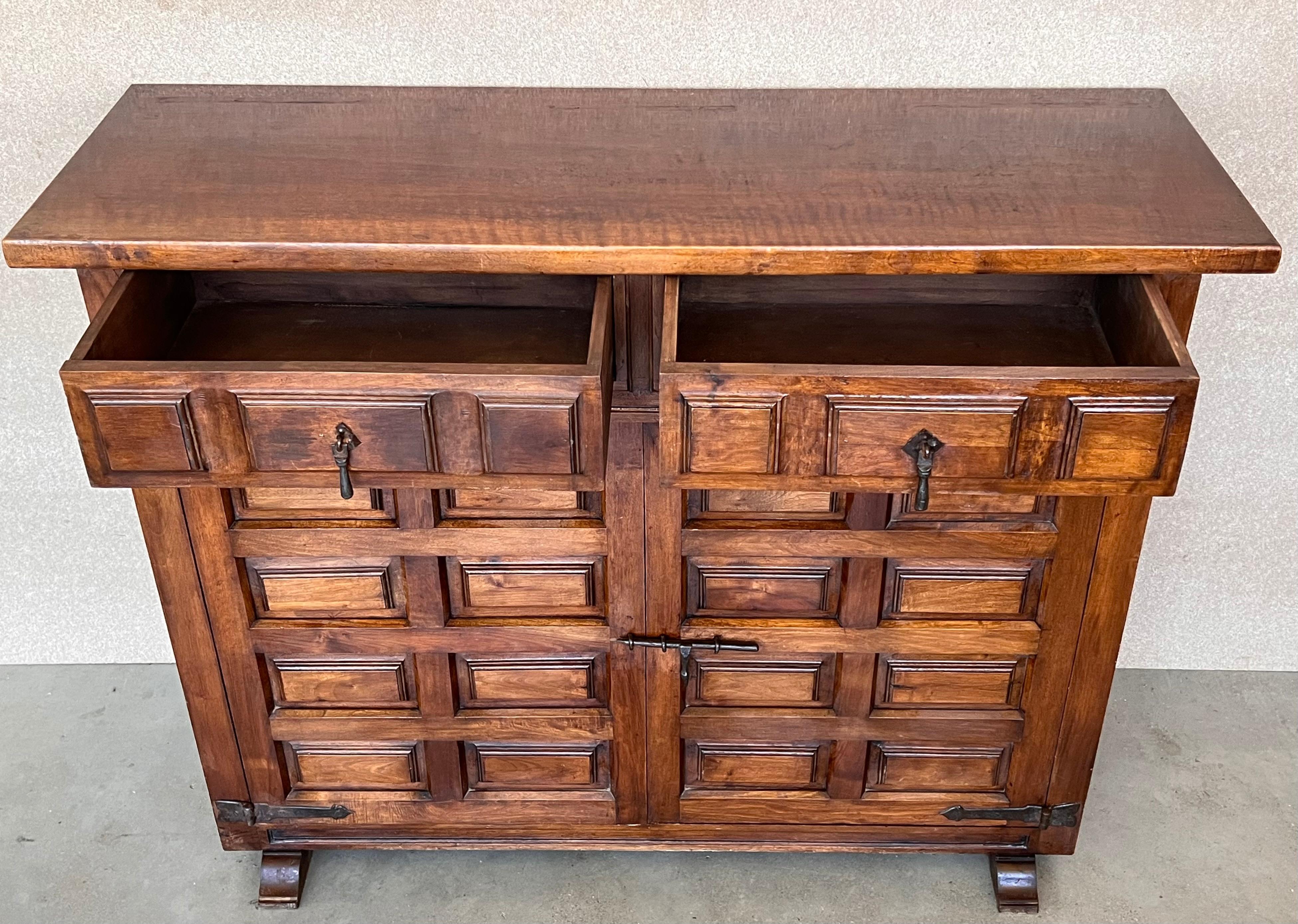 Iron 19th Catalan Spanish Baroque Carved Walnut Tuscan Two Drawers Credenza or Buffet For Sale
