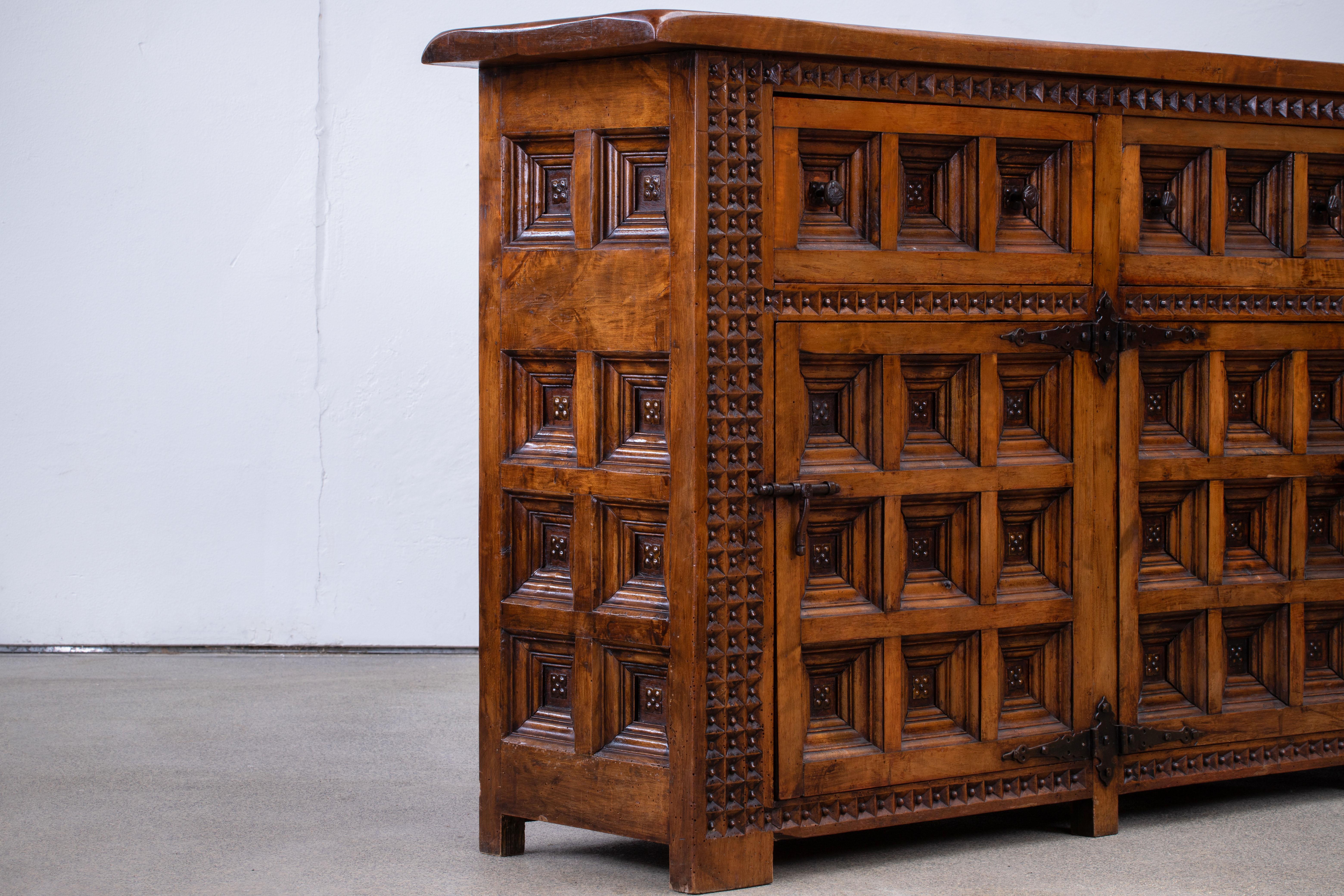 Iron 19th Catalan Spanish Baroque Carved Walnut Tuscan Two Drawers Credenza or Buffet