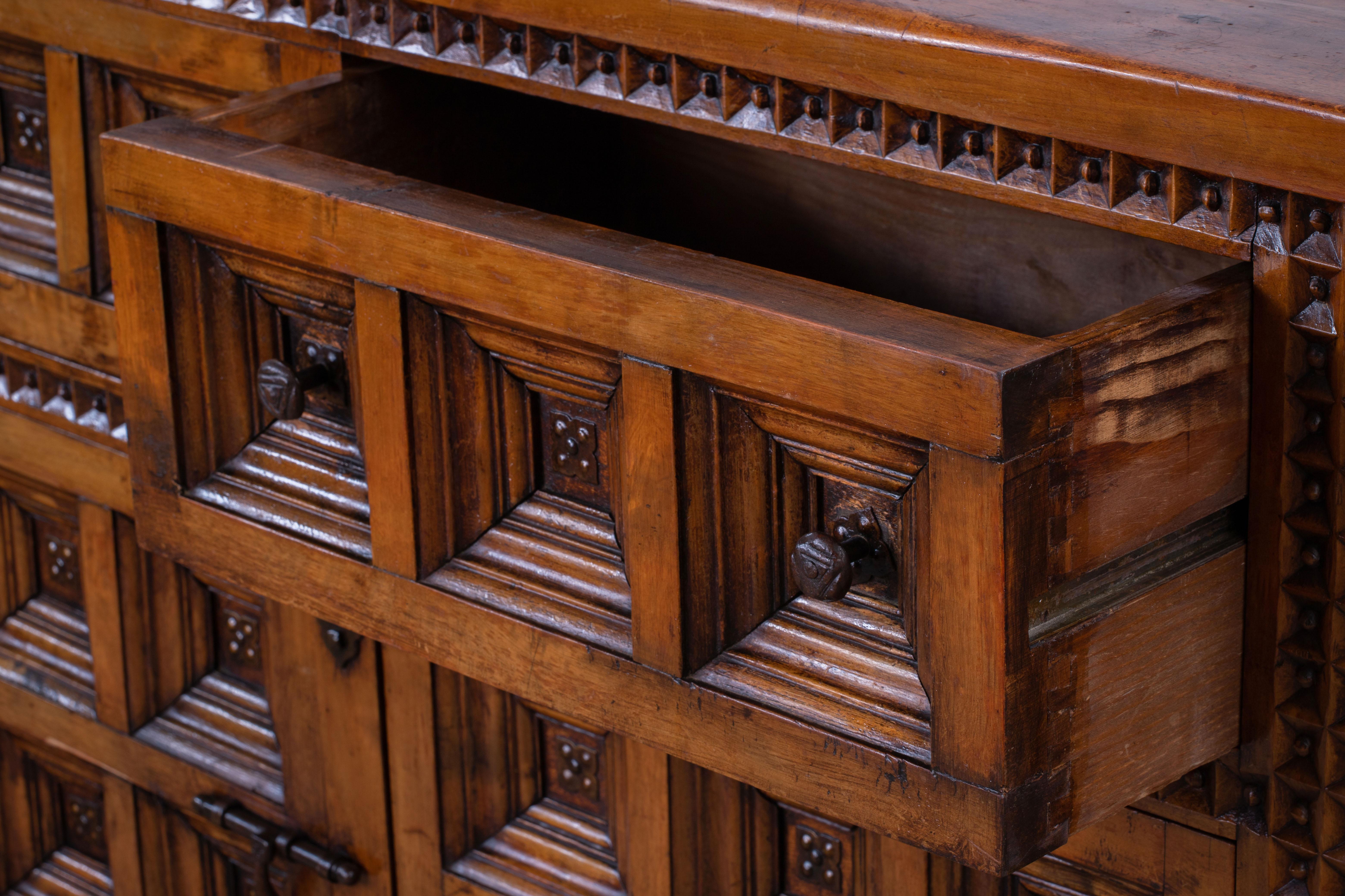 19th Catalan Spanish Baroque Carved Walnut Tuscan Two Drawers Credenza or Buffet 2