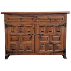 19th Century Catalan Baroque Carved Walnut Tuscan Two Drawers Credenza or Buffet