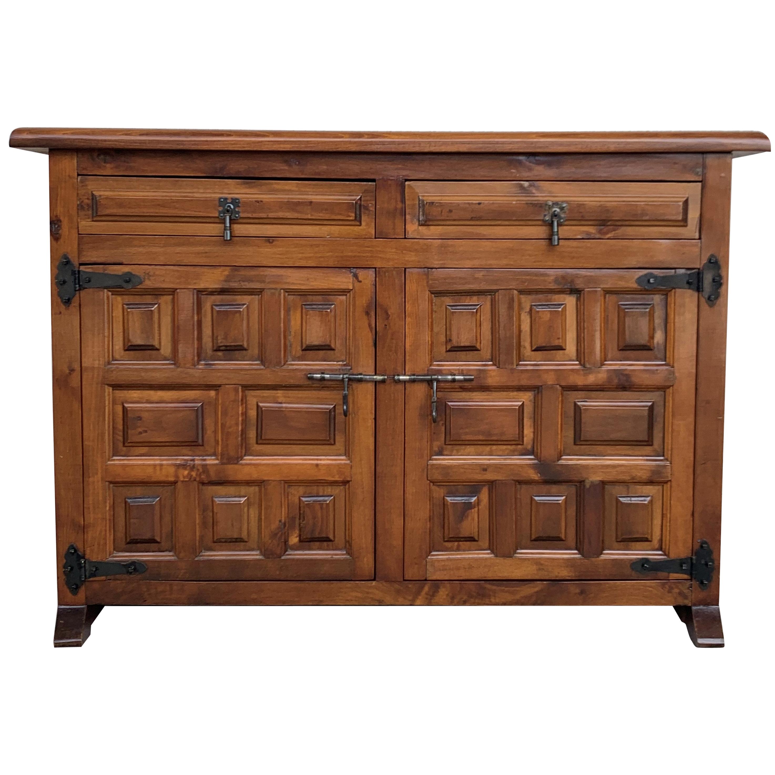 19th Catalan Spanish Baroque Carved Walnut Tuscan Two Drawers Credenza or Buffet