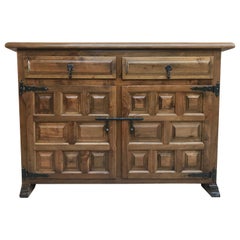 19th Catalan Spanish Baroque Carved Walnut Tuscan Two Drawers Credenza or Buffet