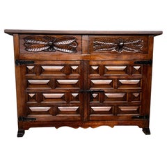 19th Catalan Spanish Baroque Carved Walnut Tuscan Two Drawers Credenza or Buffet