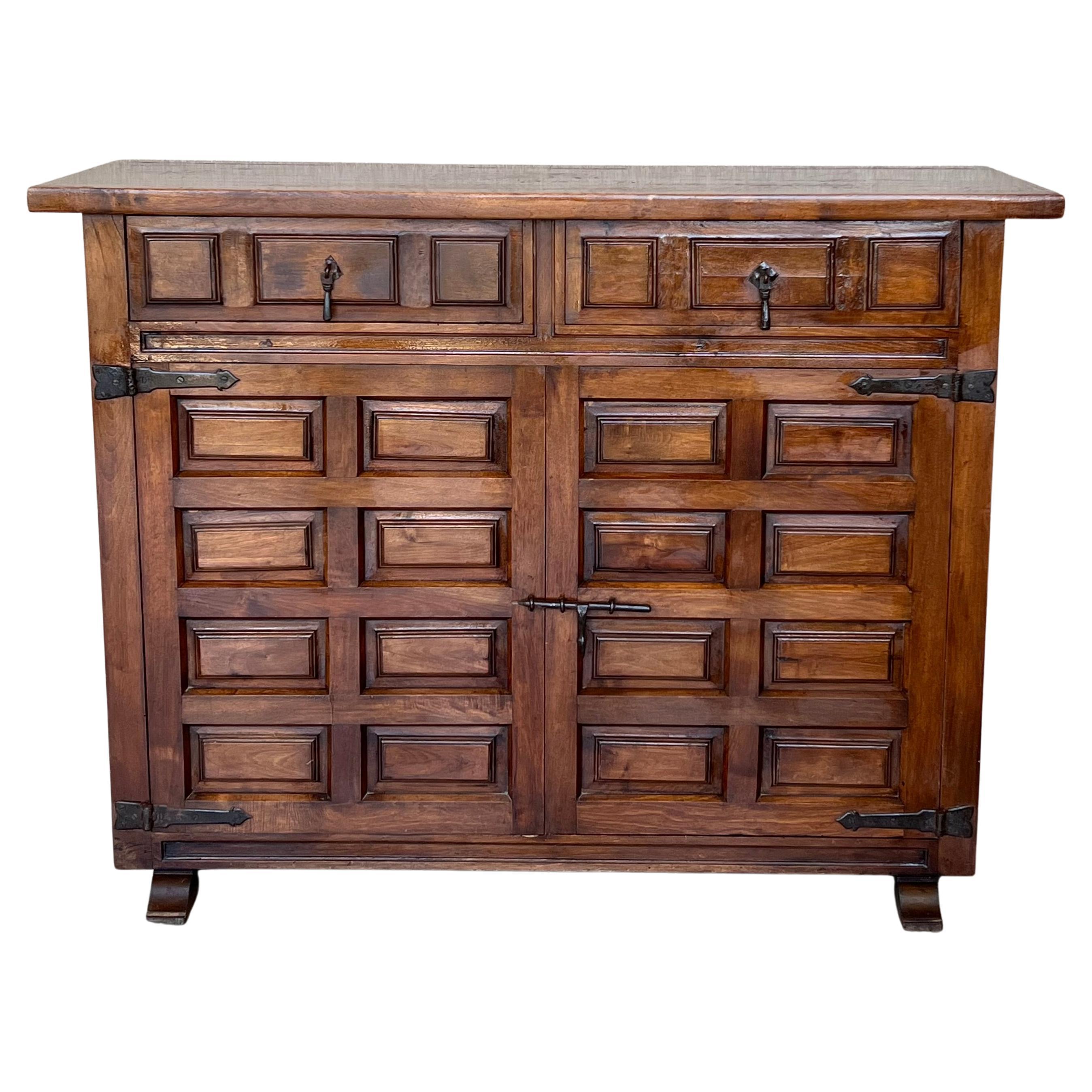 19th Catalan Spanish Baroque Carved Walnut Tuscan Two Drawers Credenza or Buffet For Sale