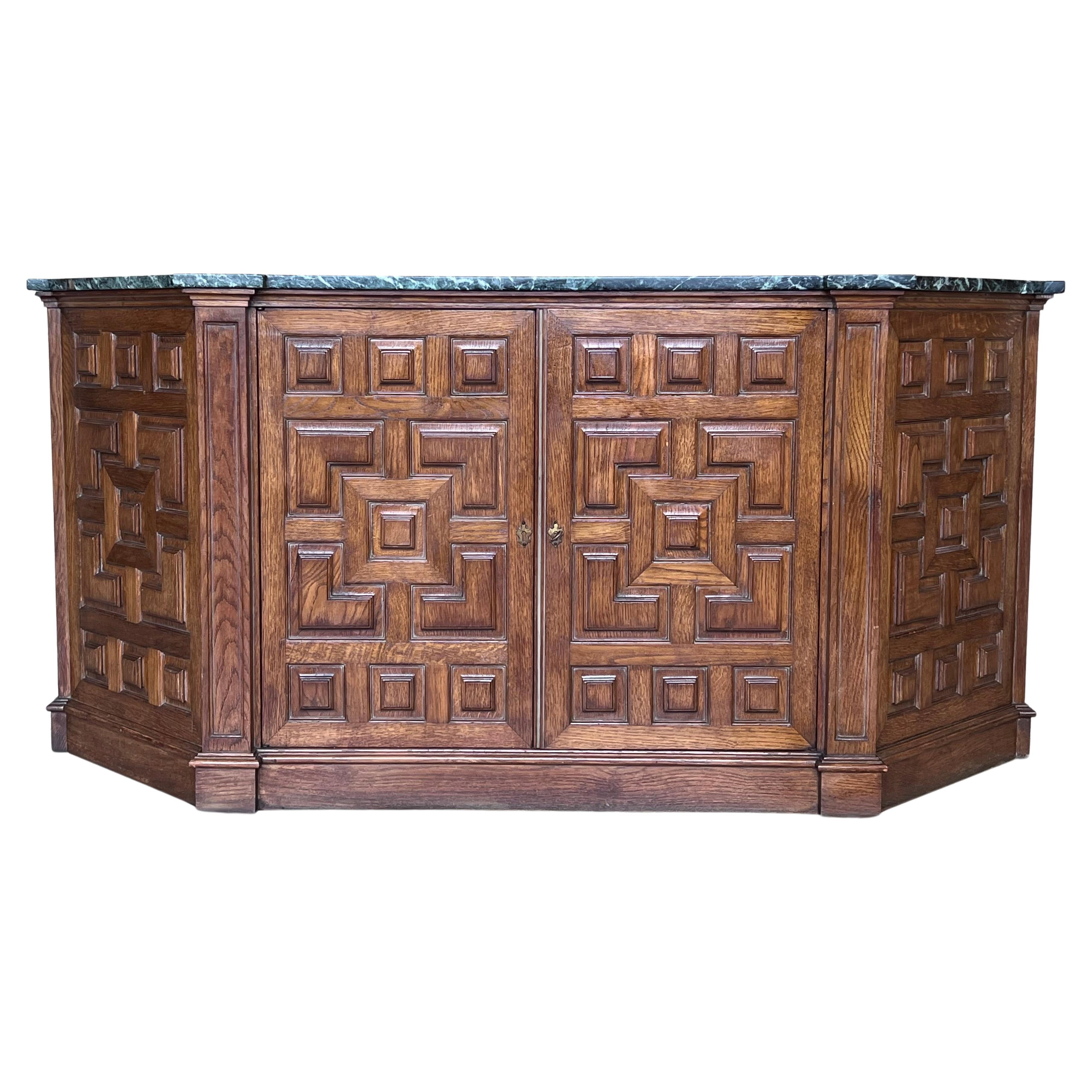 19th Catalan Spanish Baroque Carved Walnut Tuscan Two Doors Cabinet with Marble  For Sale
