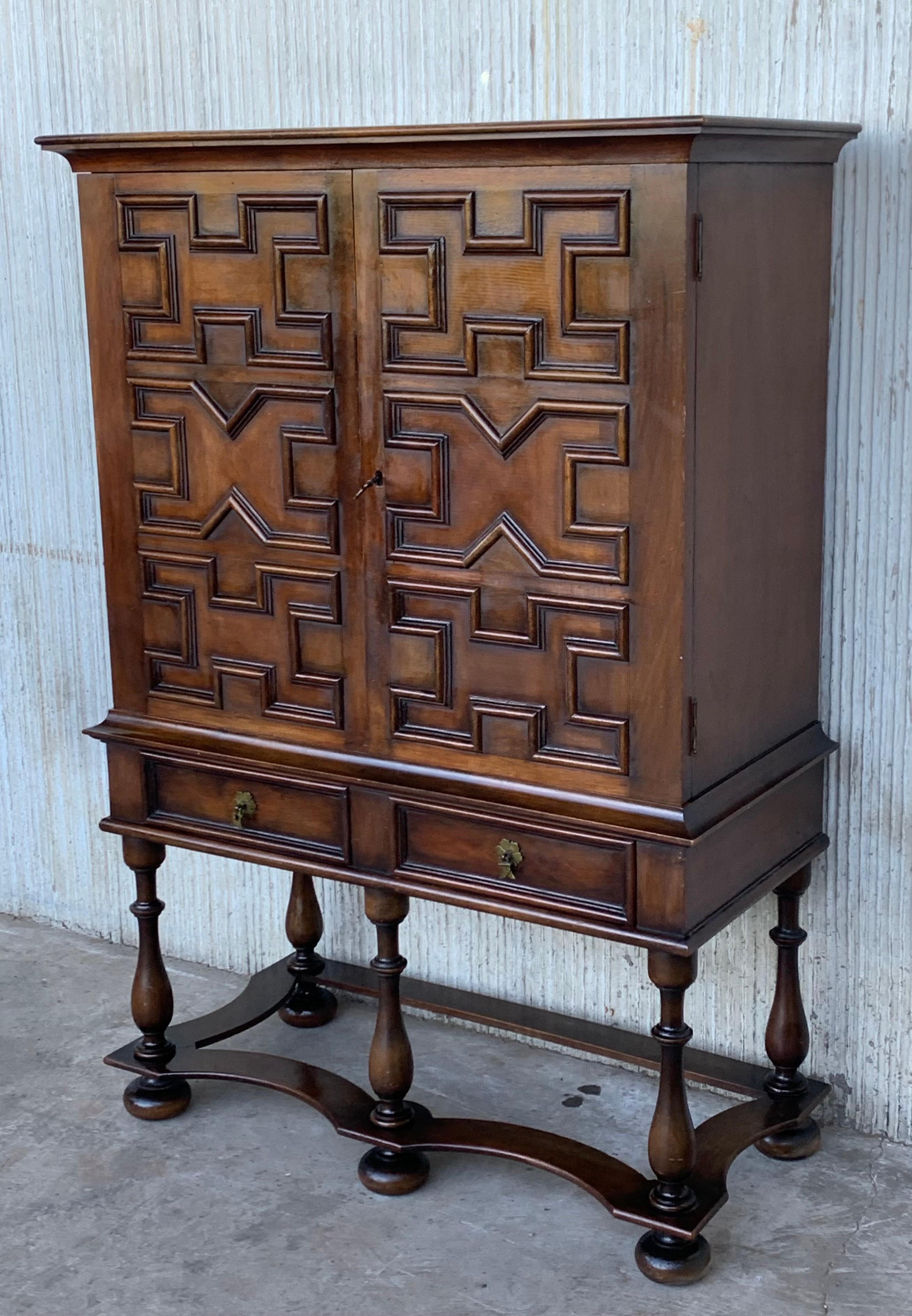 Baroque 19th Catalan Spanish Cabinet on Stand in Carved Walnut and Iron Stretcher