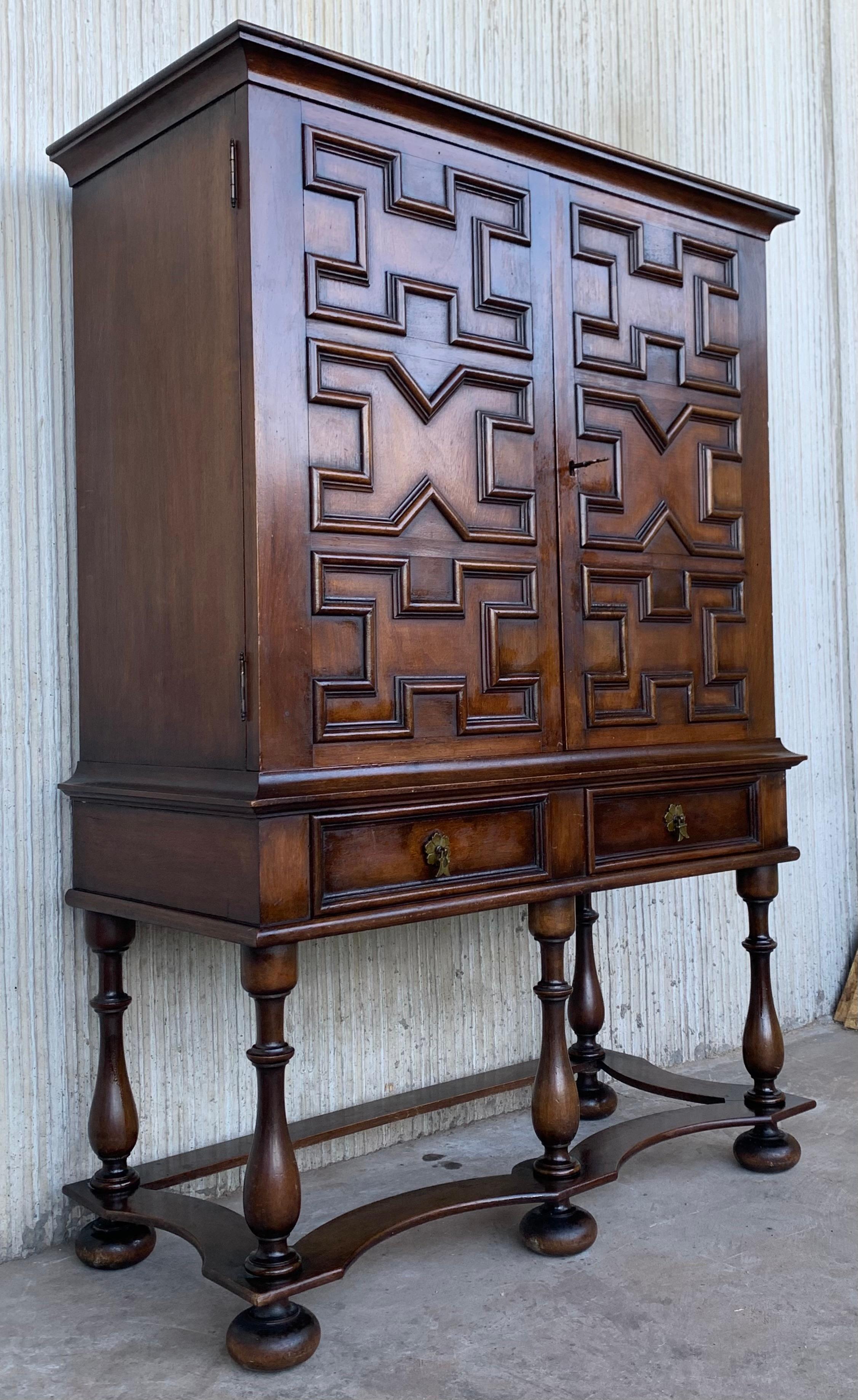 19th Catalan Spanish Cabinet on Stand in Carved Walnut and Iron Stretcher In Good Condition In Miami, FL