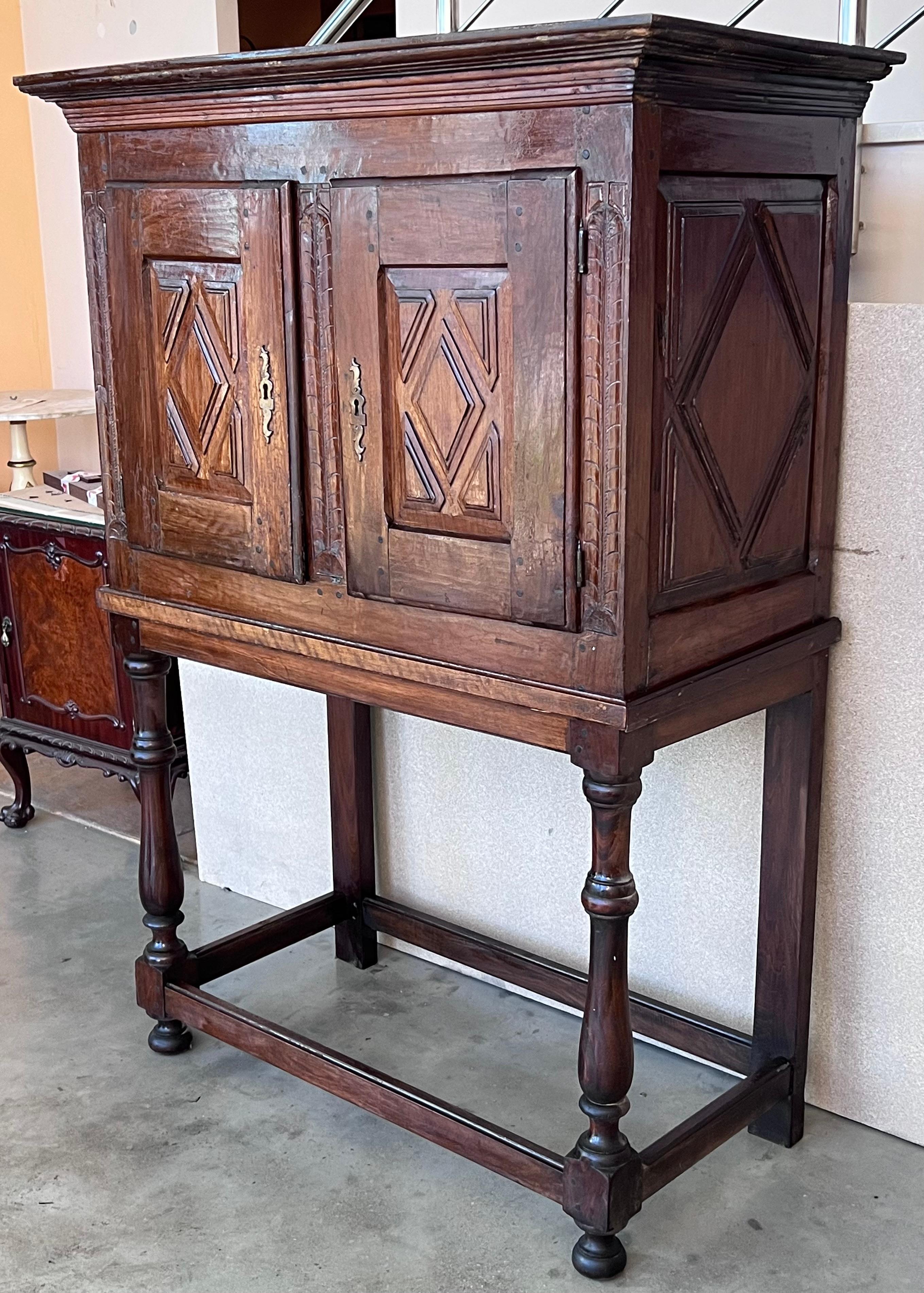 Baroque 19th Catalan Spanish Cabinet on Stand in Carved Walnut and Iron Stretcher For Sale