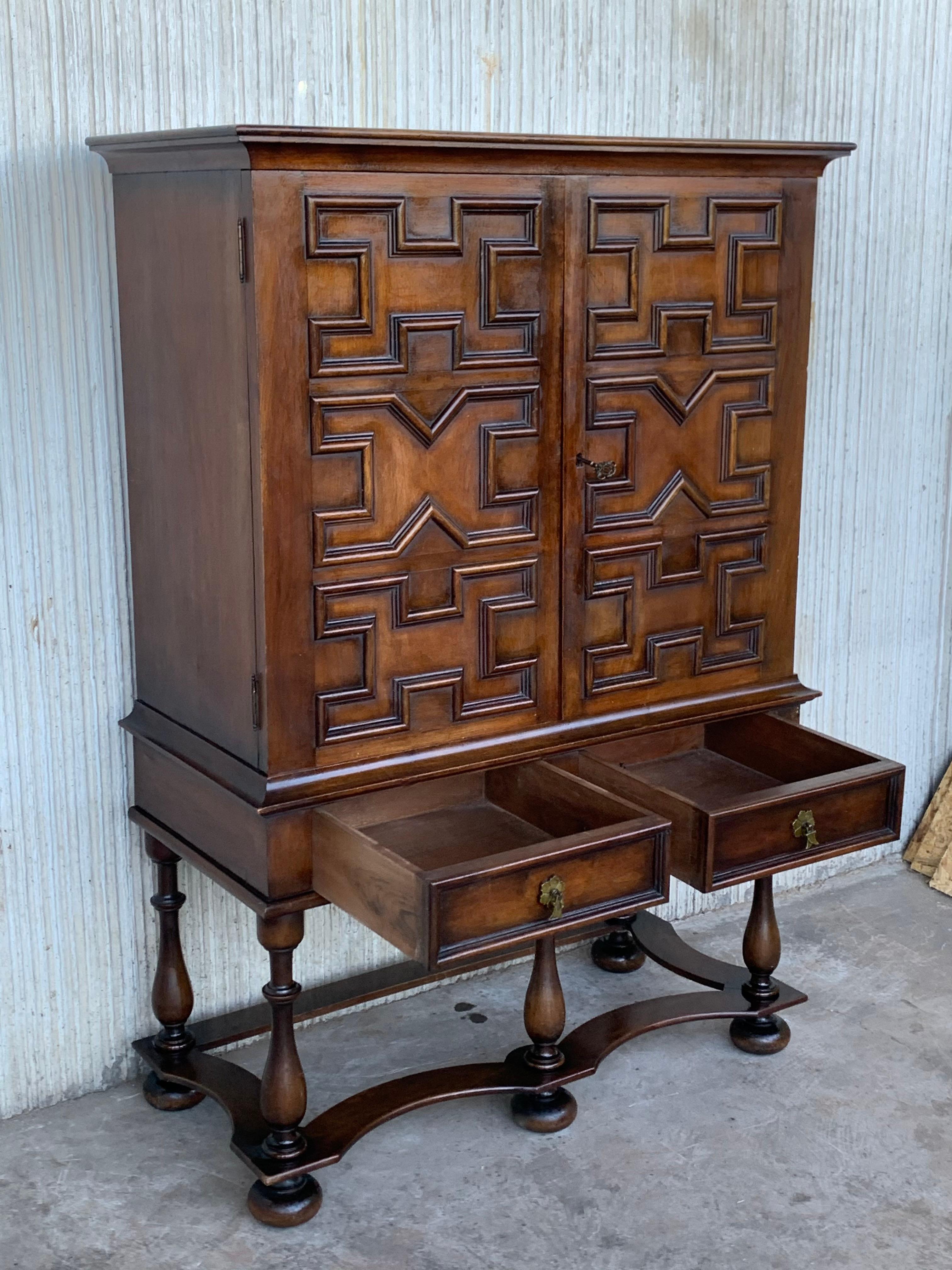 20th Century 19th Catalan Spanish Cabinet on Stand in Carved Walnut and Iron Stretcher