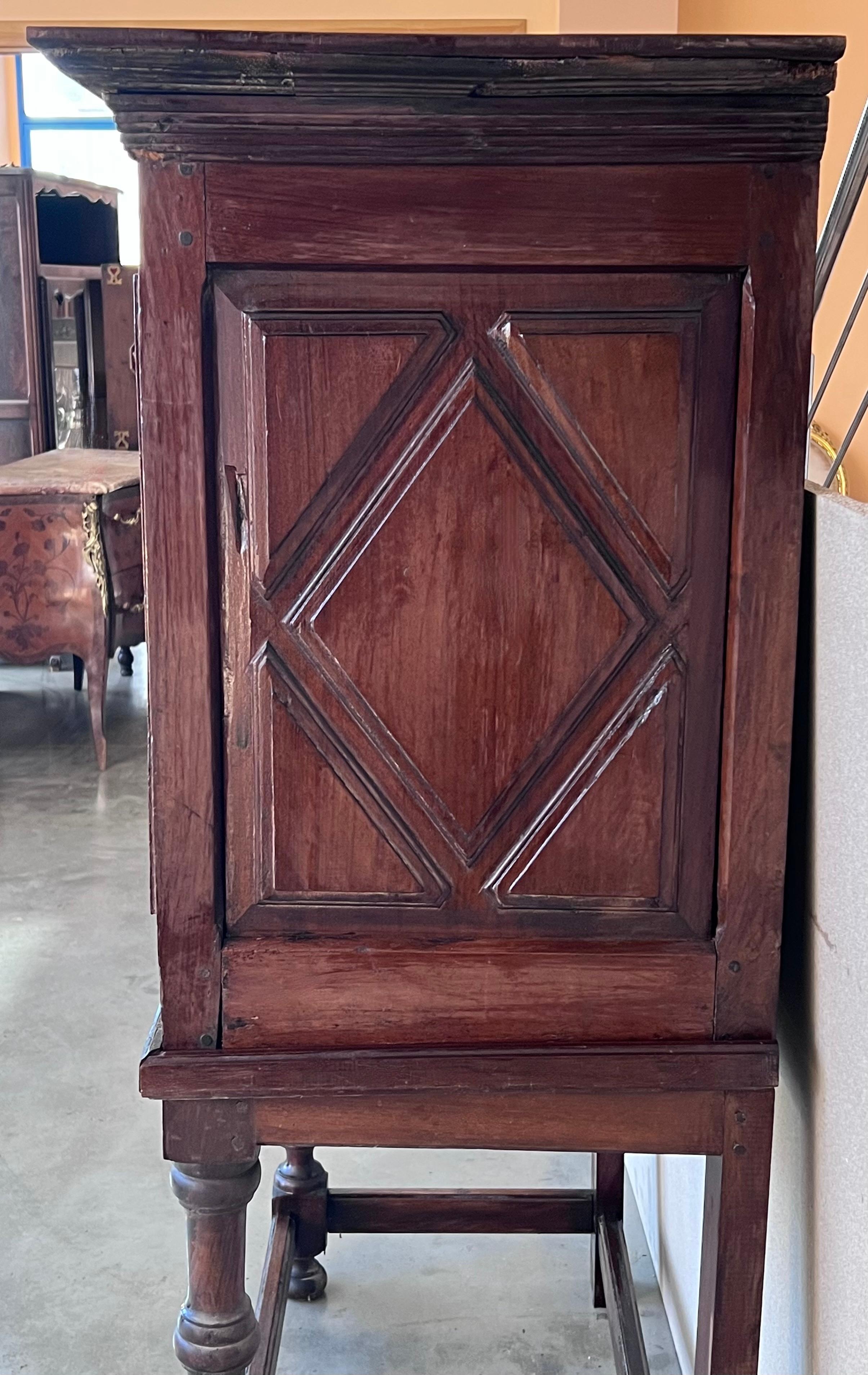 Baroque 19th Catalan Spanish Cabinet on Stand in Carved Walnut and Iron Stretcher For Sale