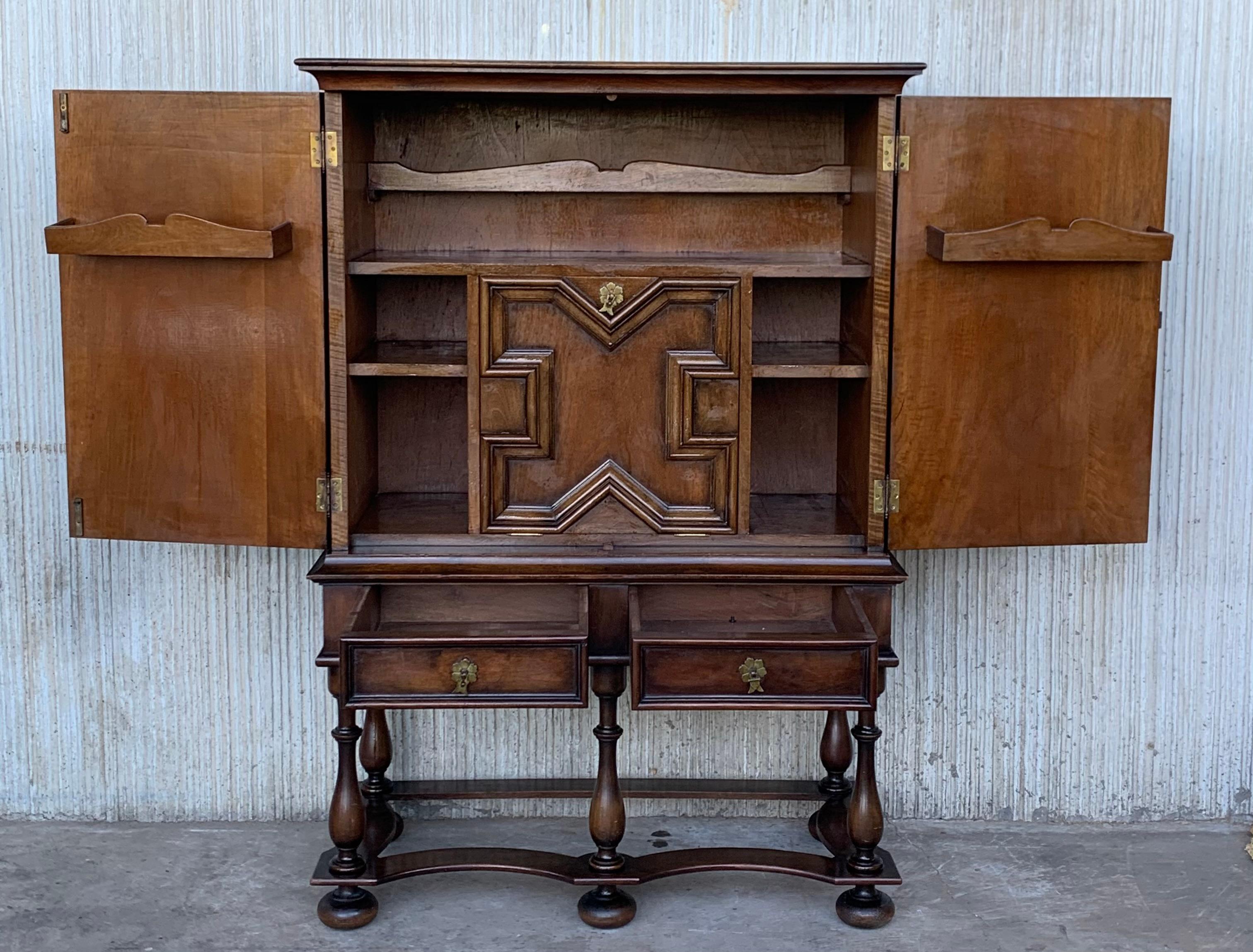 19th Catalan Spanish Cabinet on Stand in Carved Walnut and Iron Stretcher 1