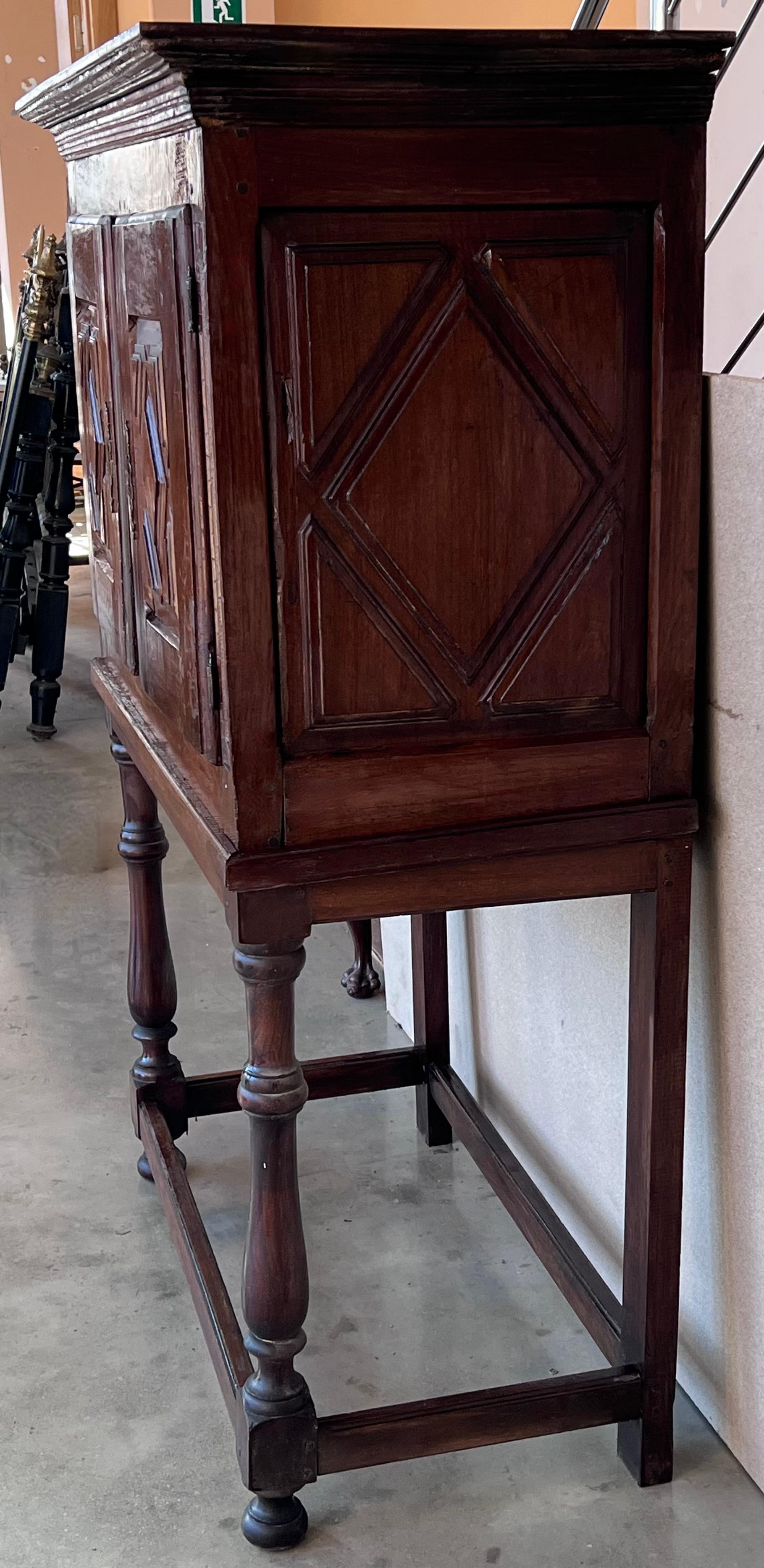 19th Catalan Spanish Cabinet on Stand in Carved Walnut and Iron Stretcher In Good Condition For Sale In Miami, FL