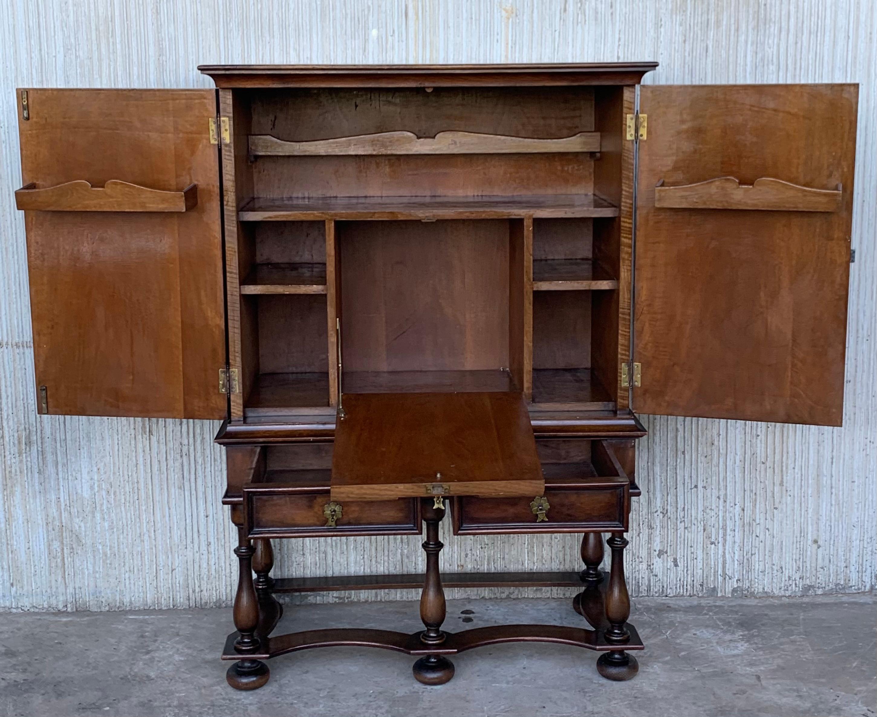 19th Catalan Spanish Cabinet on Stand in Carved Walnut and Iron Stretcher 2