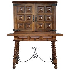 19th Catalan Spanish Cabinet on Stand in Carved Walnut and Iron Stretcher