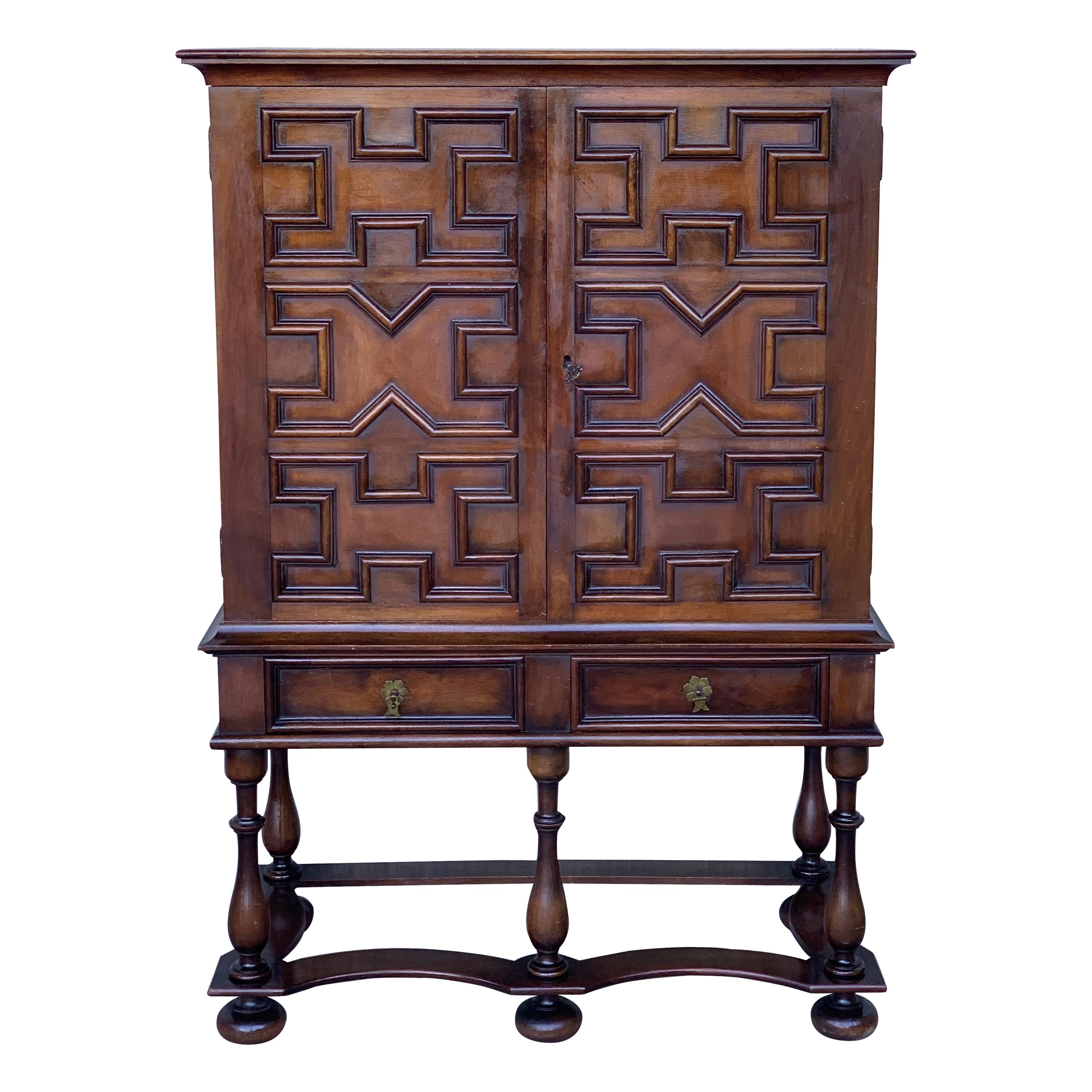 19th Catalan Spanish Cabinet on Stand in Carved Walnut and Iron Stretcher