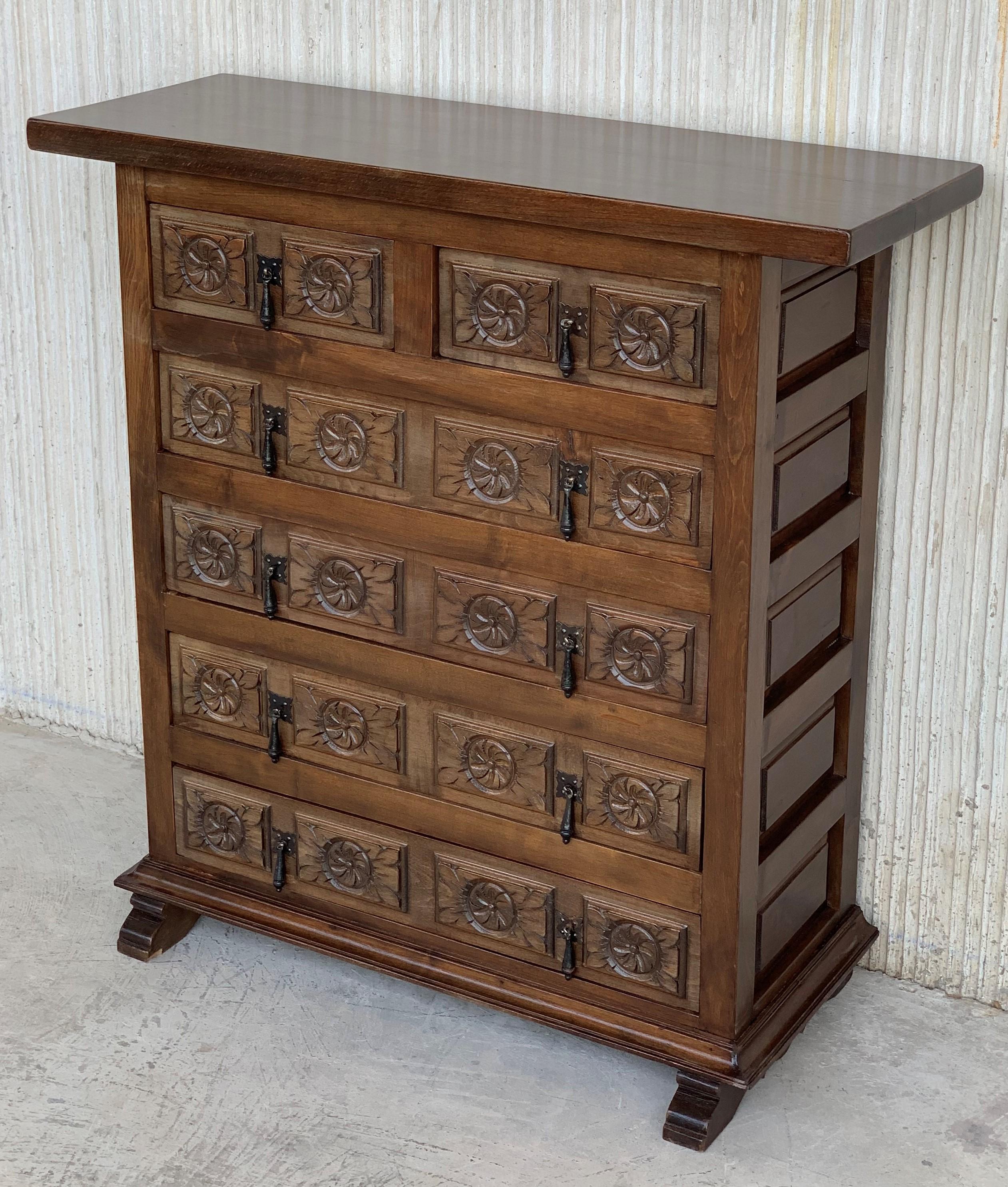 Spanish Colonial 19th Catalan Spanish Carved Walnut Chest of Drawers, Highboy or Console
