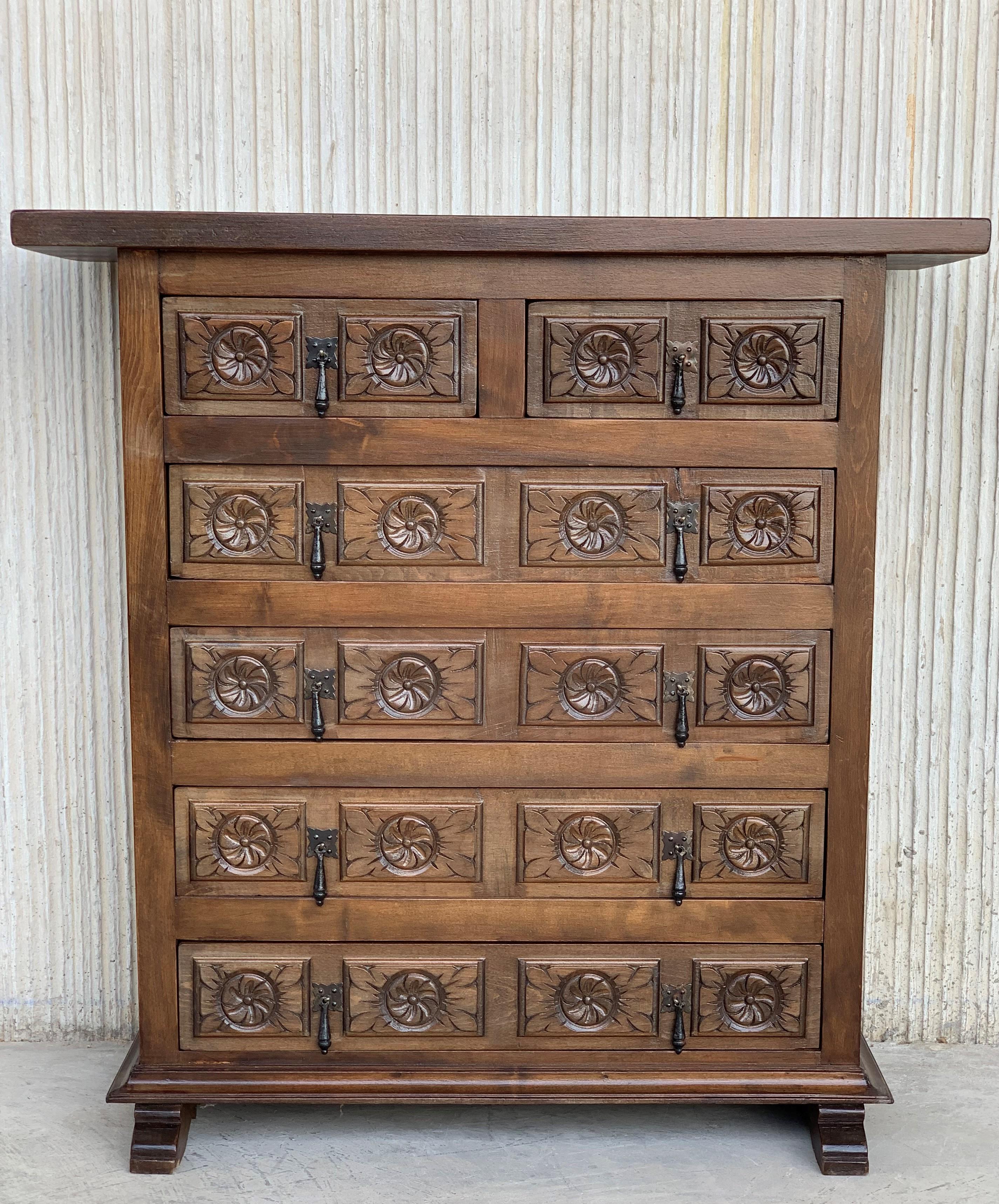 19th Century 19th Catalan Spanish Carved Walnut Chest of Drawers, Highboy or Console