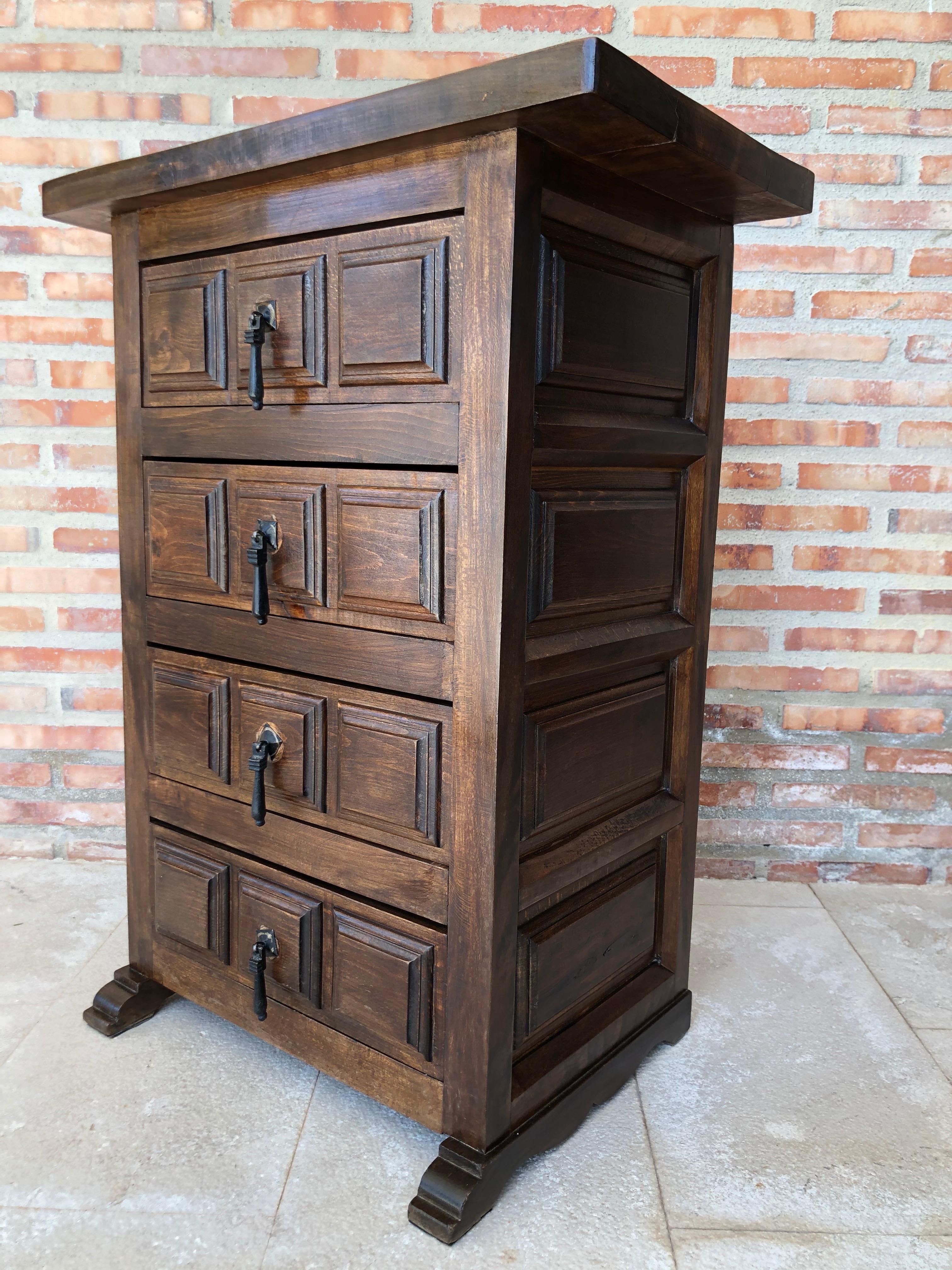 Iron 19th Century Catalan Spanish Carved Walnut Chest of Drawers, Highboy or Console