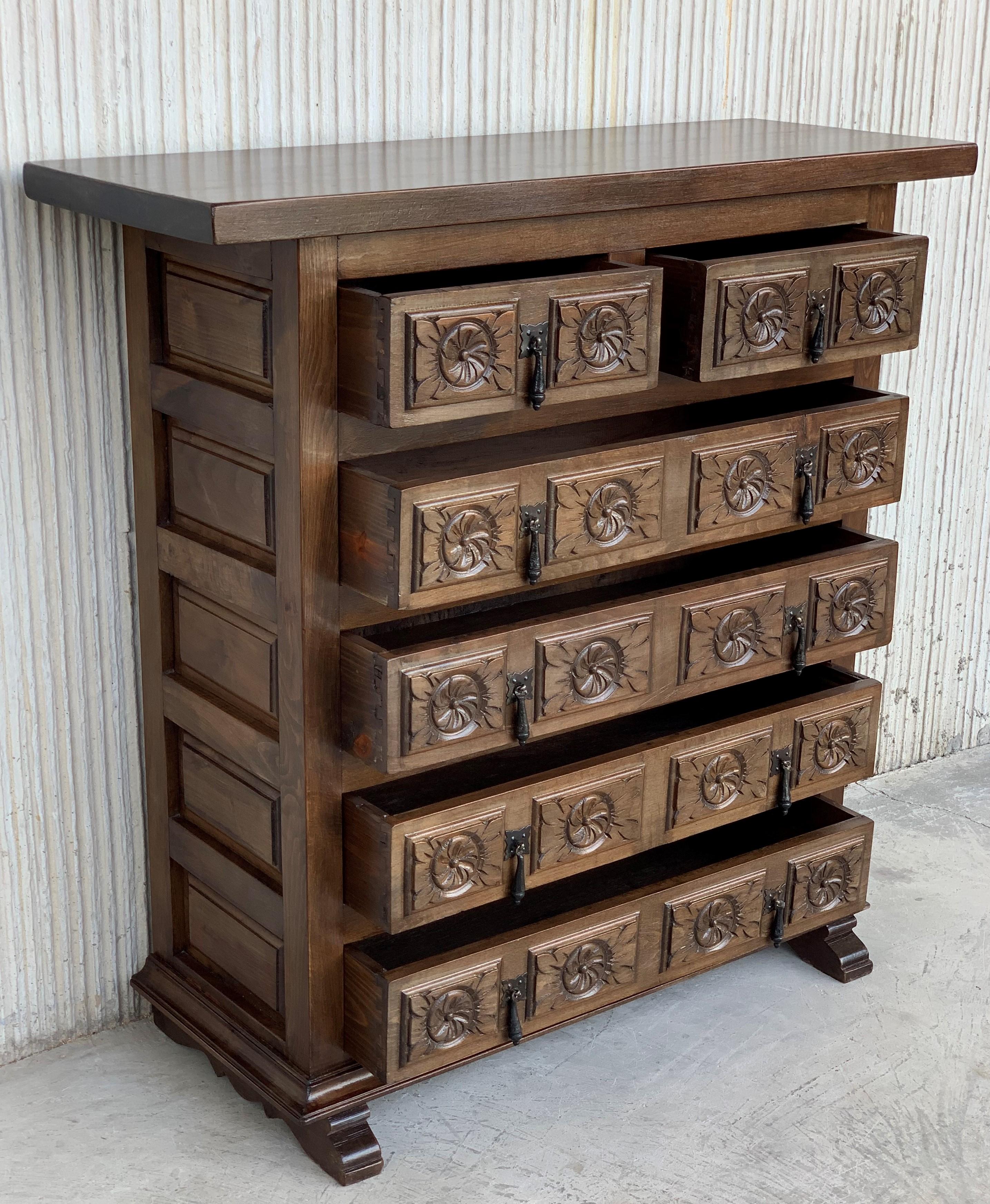 19th Catalan Spanish Carved Walnut Chest of Drawers, Highboy or Console 1