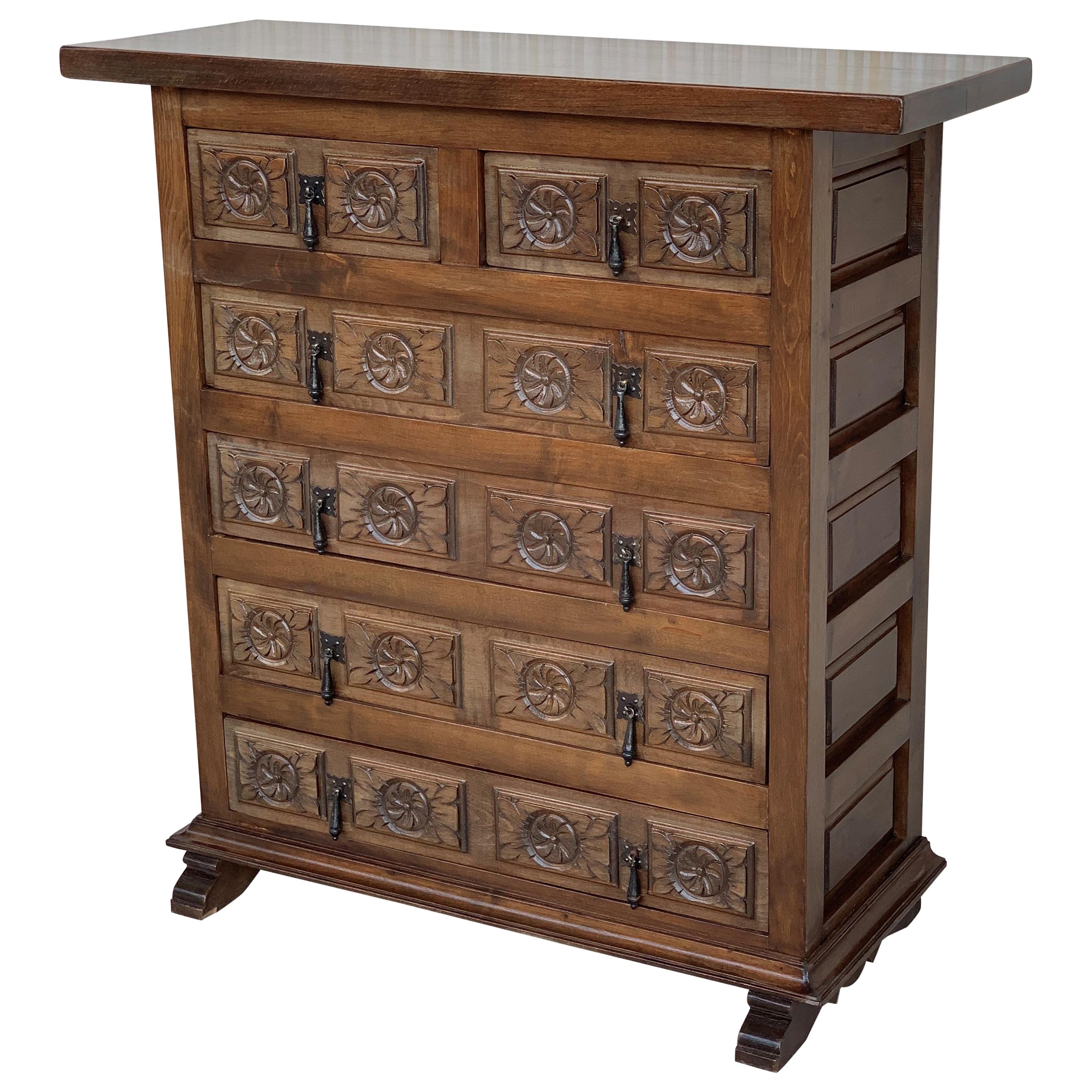 19th Catalan Spanish Carved Walnut Chest of Drawers, Highboy or Console
