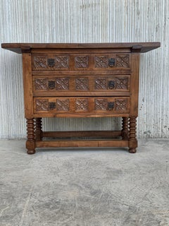 19th Century Catalan Spanish Carved Walnut Console Sofa Table, Three Drawers