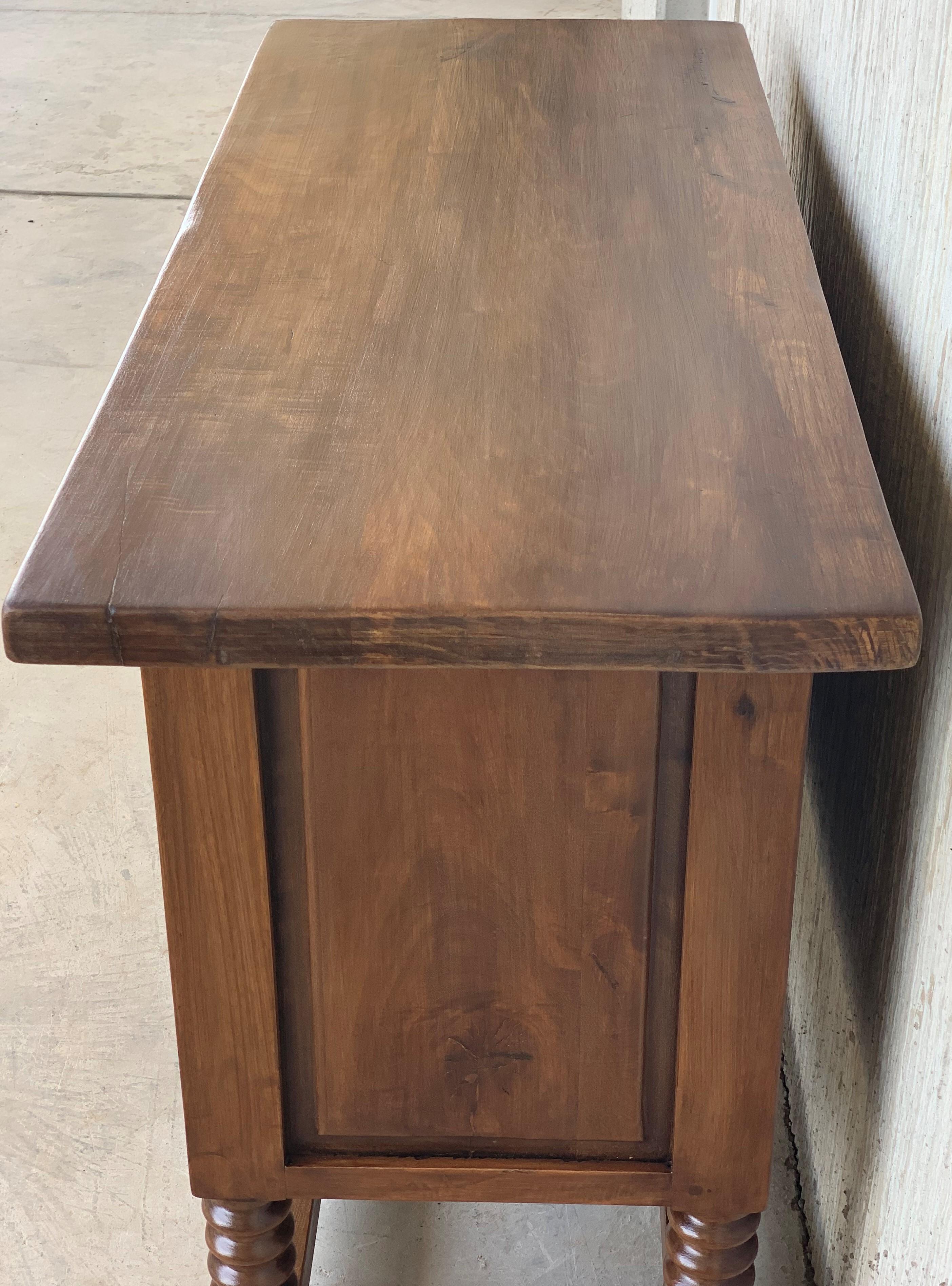 Iron 19th Century Catalan Spanish Carved Walnut Console Sofa Table, Three Drawers
