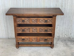19th Century Catalan Spanish Carved Walnut Console Sofa Table, Three Drawers